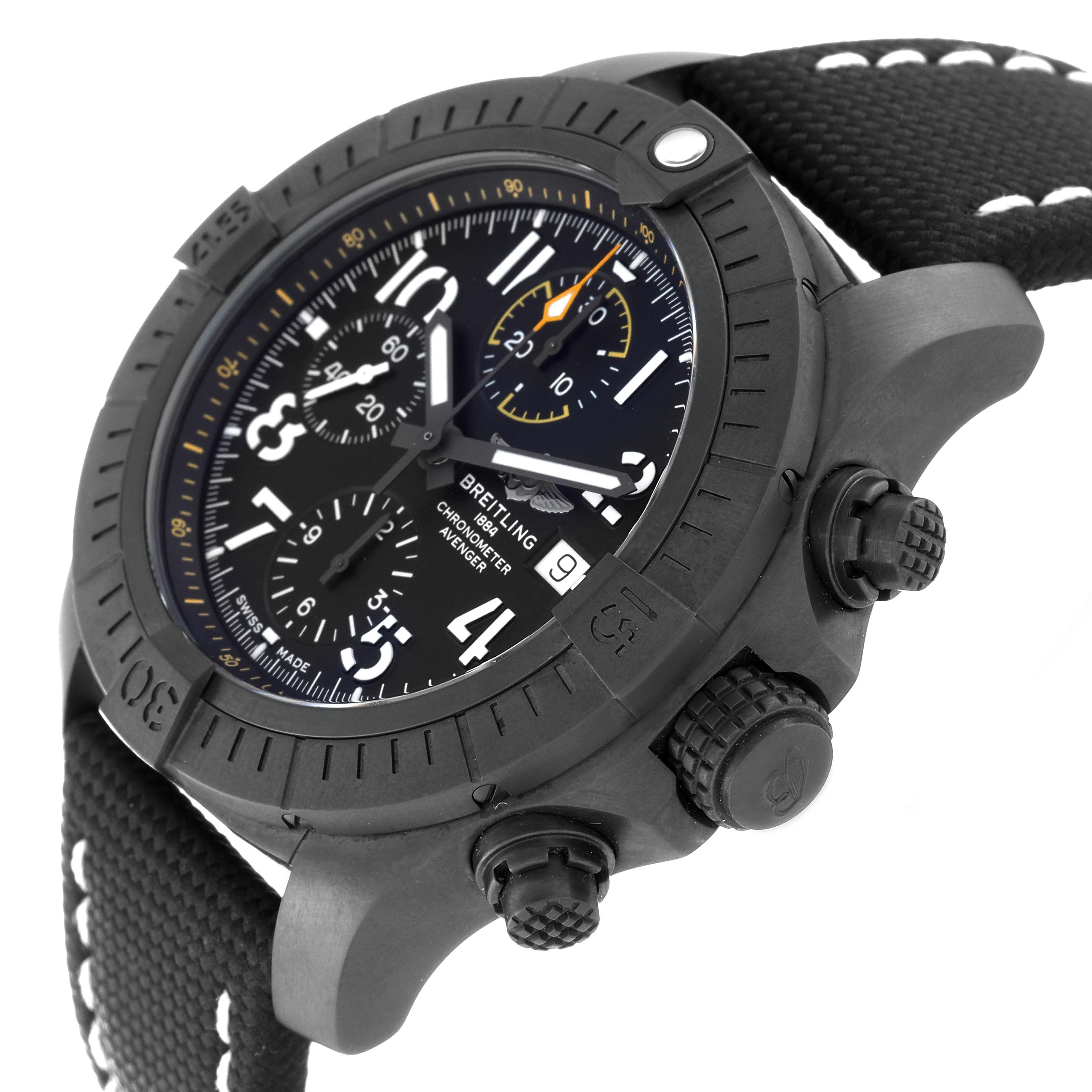 The Breitling Avenger V13317 Men's Titanium Black Dial V13317 Men's Titanium Black Dial watch is shown from an angled side view, highlighting its face, bezel, chronograph dials, and strap.