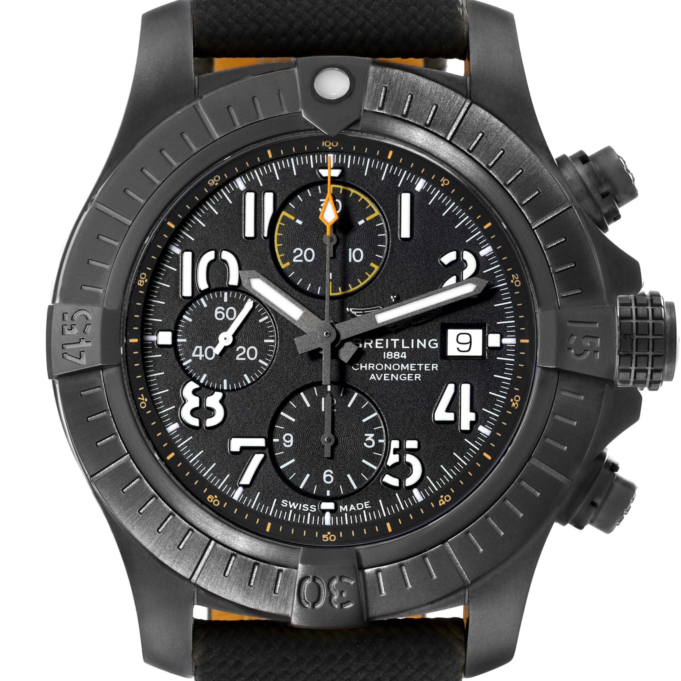 This image shows a front view of a Breitling Avenger V13317 Men's Titanium Black Dial V13317 Men's Titanium Black Dial model watch, highlighting its face, bezel, subdials, and crown.