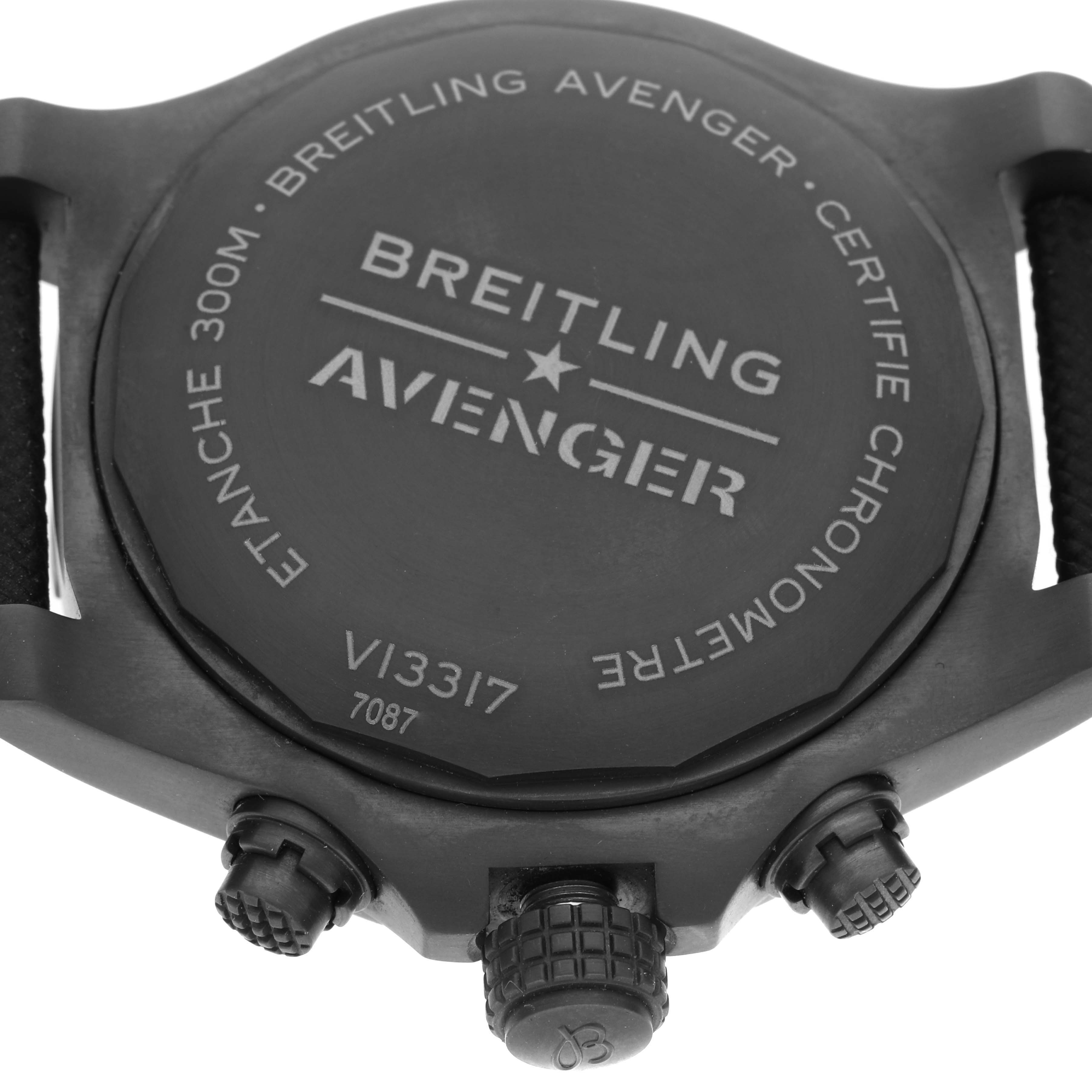 This image shows the back case and buttons of a Breitling Avenger V13317 Men's Titanium Black Dial V13317 Men's Titanium Black Dial watch, including the engraved model details.