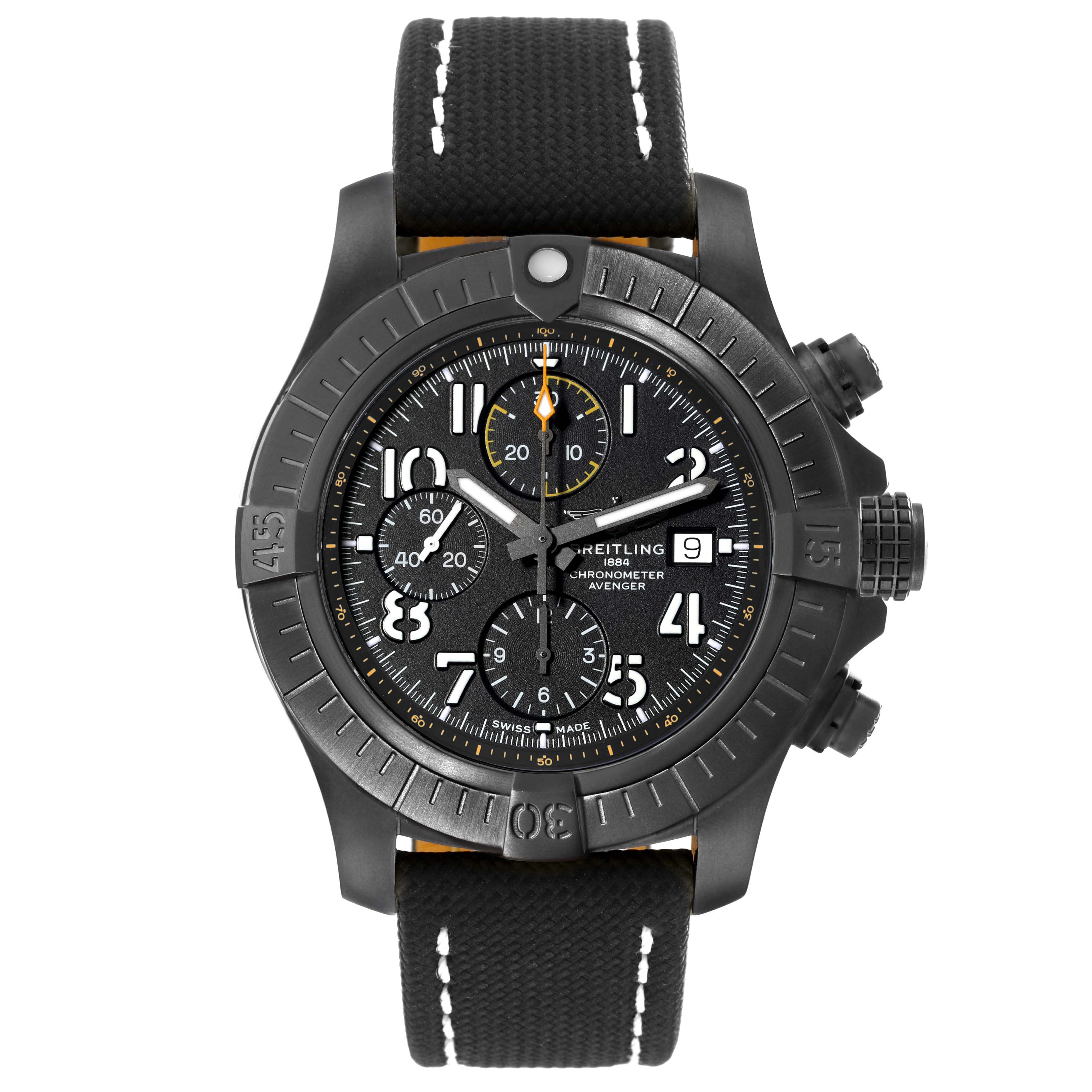 The image shows a front view of a Breitling Avenger V13317 Men's Titanium Black Dial V13317 Men's Titanium Black Dial watch, highlighting the face, dials, bezel, and strap.