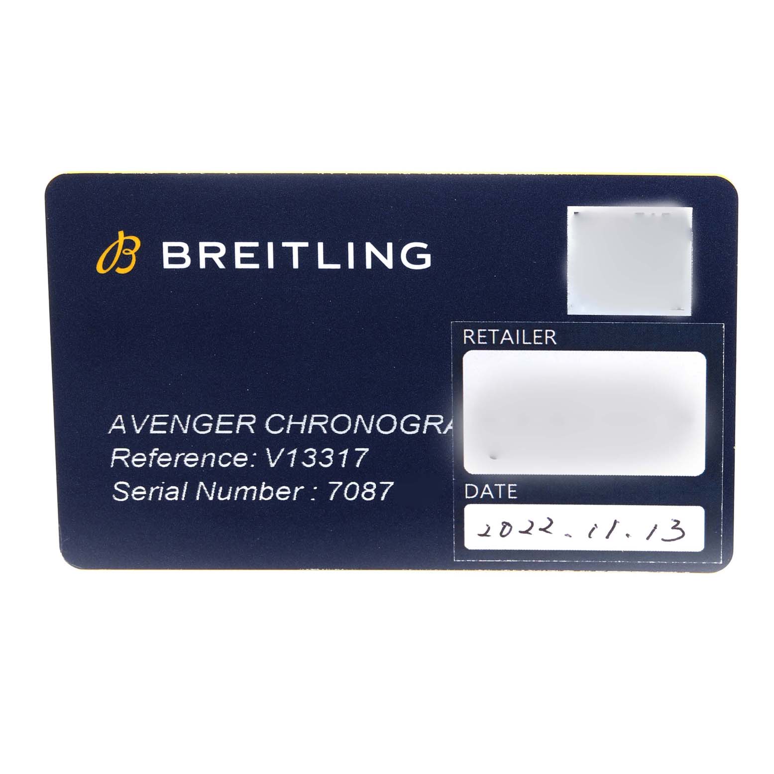 This image shows the warranty card for the Breitling Avenger V13317 Men's Titanium Black Dial V13317 Men's Titanium Black Dial model, displaying its reference and serial numbers.