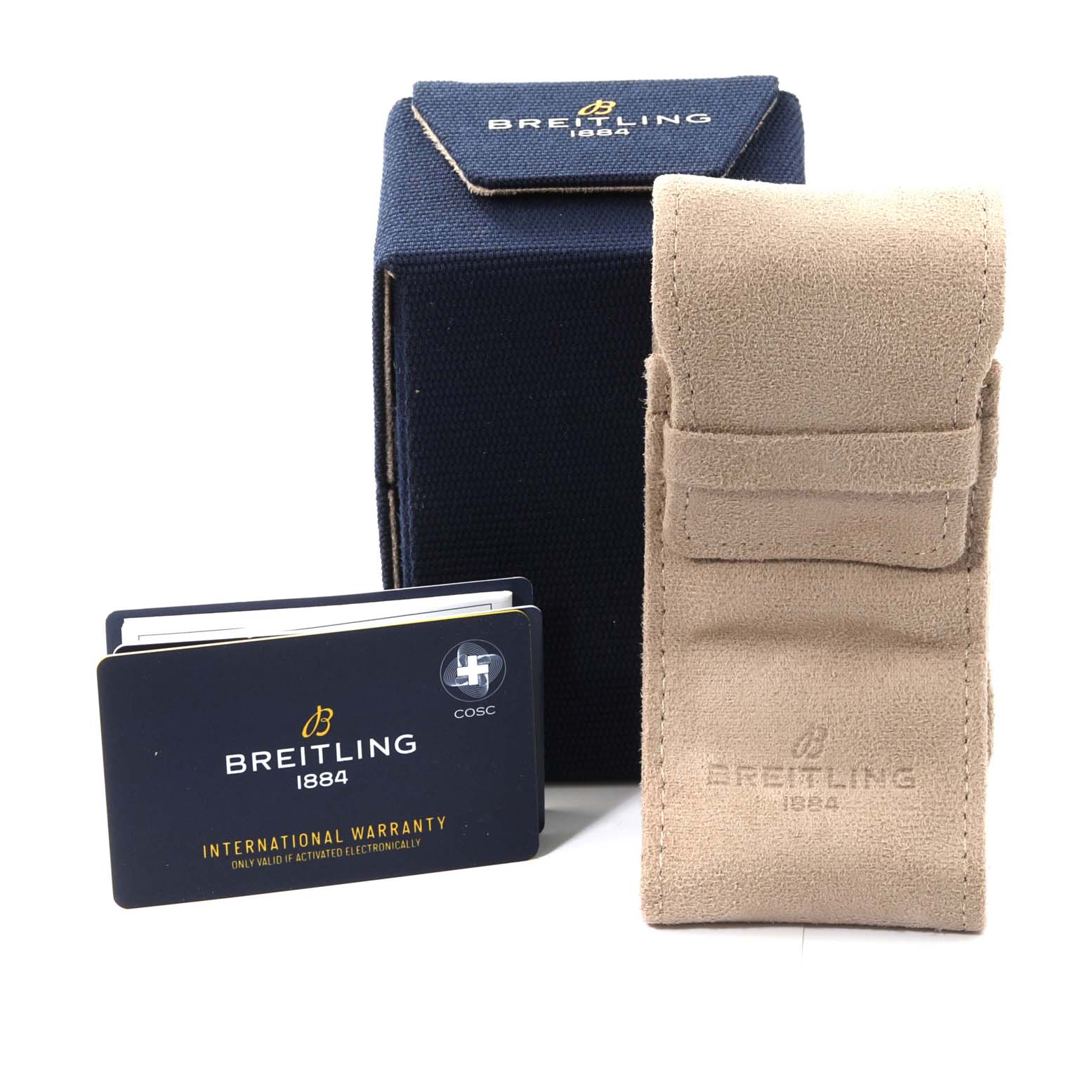 This image shows the packaging and accessories for the Breitling Avenger V13317 Men's Titanium Black Dial V13317 Men's Titanium Black Dial, including a box, a travel pouch, and an international warranty card.