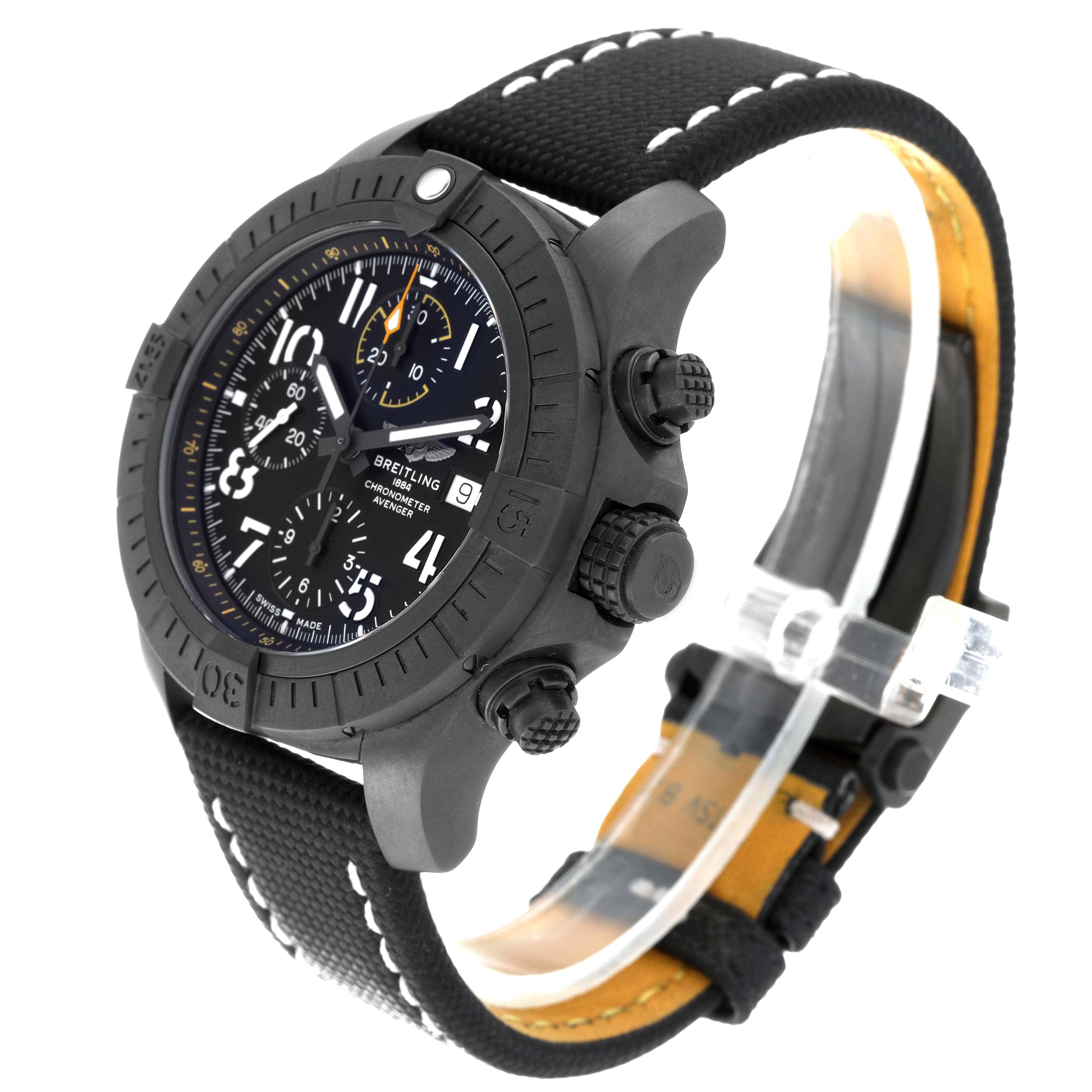 The watch is shown from an angled view displaying the face, bezel, crown, pushers, and a portion of the strap; it is a Breitling Avenger V13317 Men's Titanium Black Dial V13317 Men's Titanium Black Dial model.
