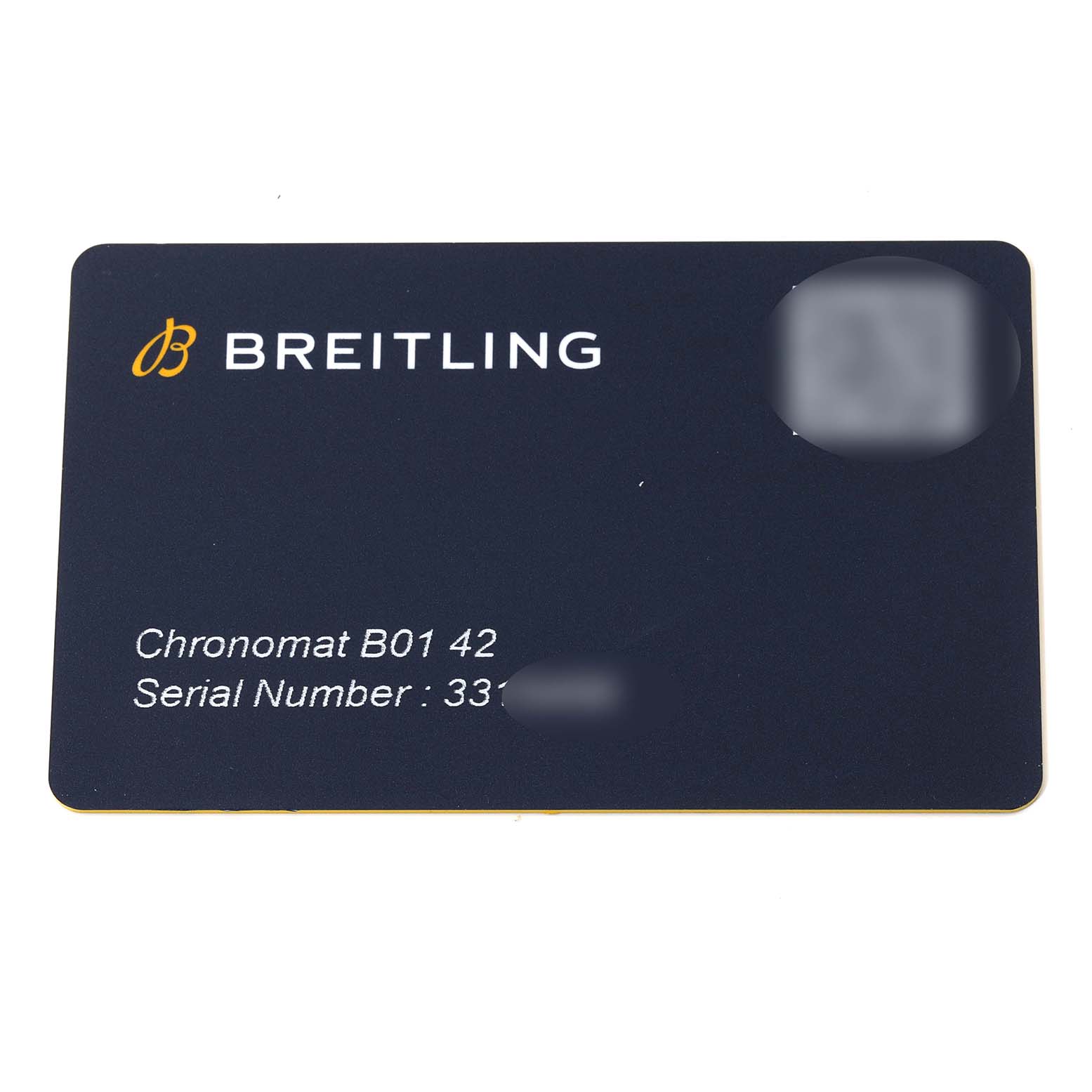 This image shows the authentication card for a Breitling Chronomat AB0134 Men's Stainless Steel Black Dial AB0134 Men's Stainless Steel Black Dial B01 42 watch, displaying the model and serial number.