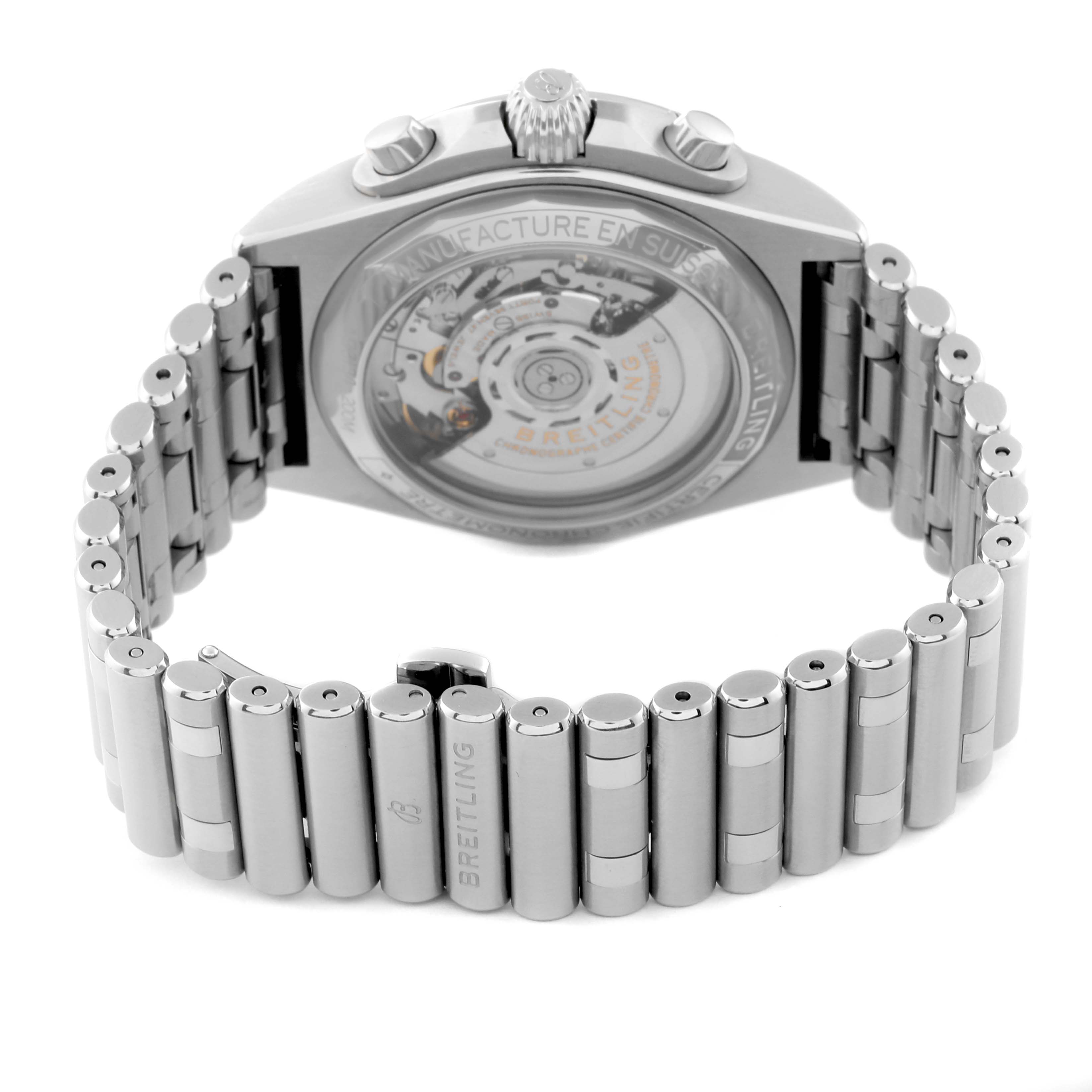 This image shows the back and bracelet of the Breitling Chronomat AB0134 Men's Stainless Steel Black Dial AB0134 Men's Stainless Steel Black Dial watch, highlighting its transparent case back and stainless steel links.