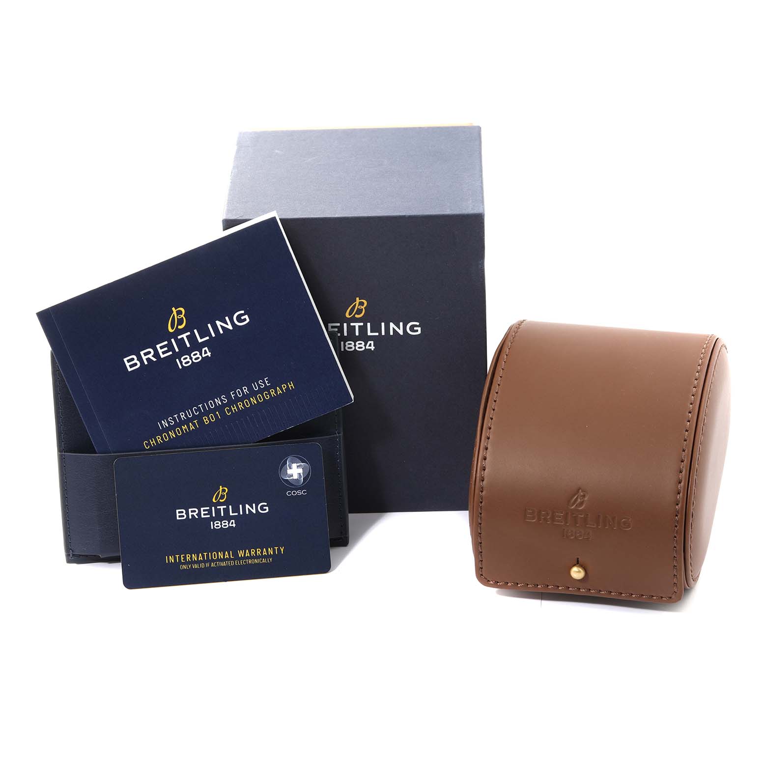 The image shows Breitling Chronomat AB0134 Men's Stainless Steel Black Dial AB0134 Men's Stainless Steel Black Dial watch accessories including a box, warranty card, instruction manual, and leather watch case.