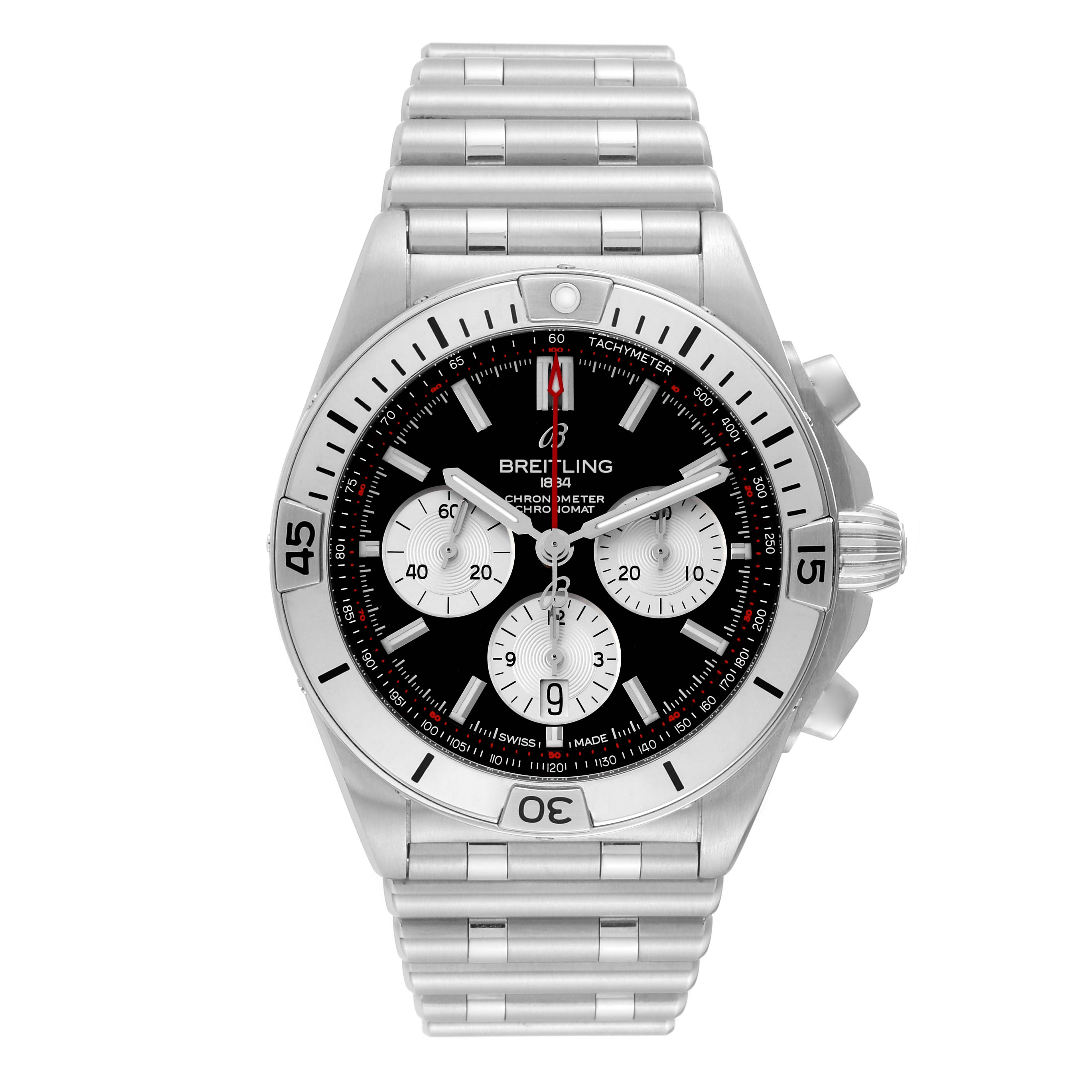 The image shows a front view of the Breitling Chronomat AB0134 Men's Stainless Steel Black Dial AB0134 Men's Stainless Steel Black Dial watch, displaying its dial, bezel, sub-dials, and stainless steel bracelet.