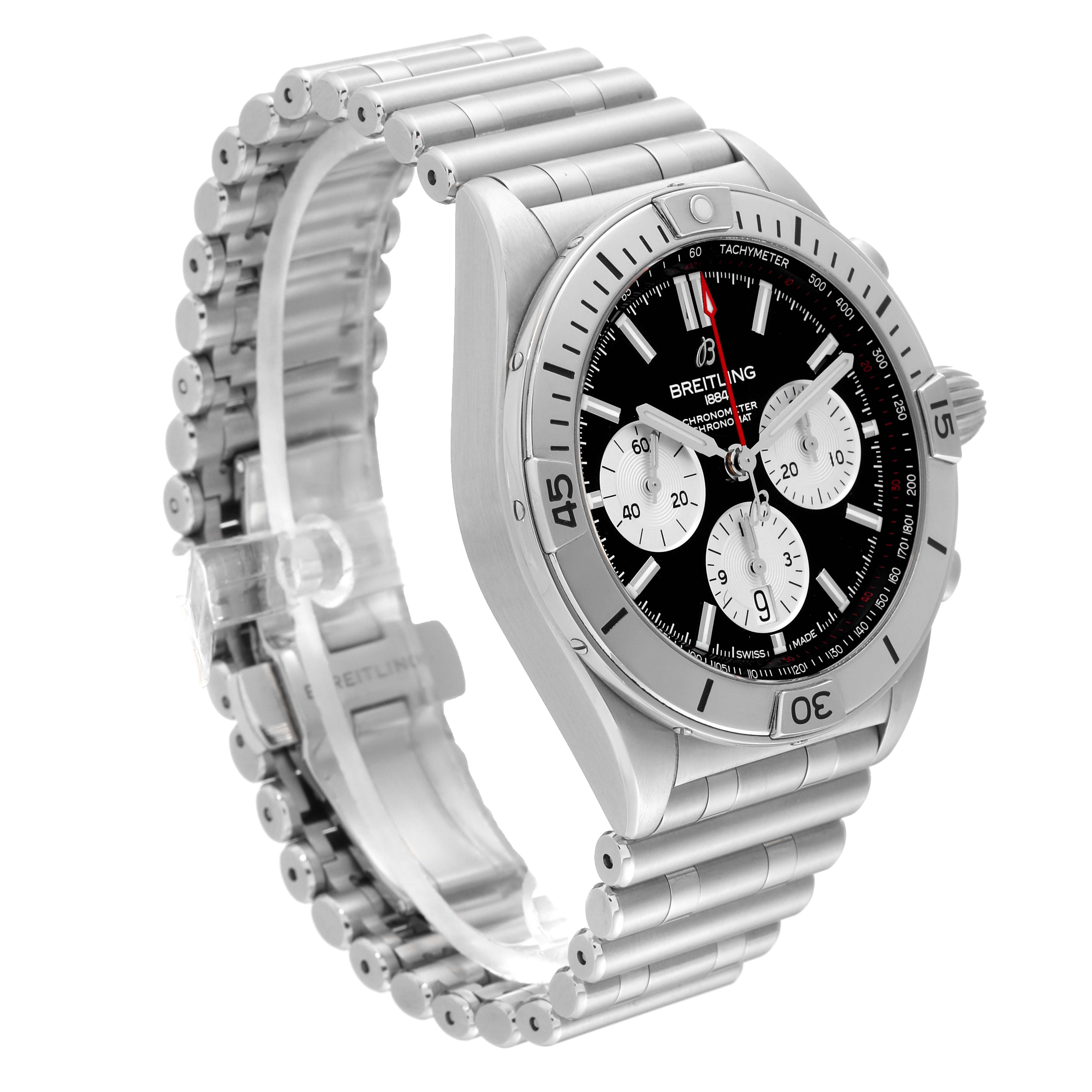 This image shows a side angle view of the Breitling Chronomat AB0134 Men's Stainless Steel Black Dial AB0134 Men's Stainless Steel Black Dial watch, highlighting its bezel, dial, and metal bracelet.