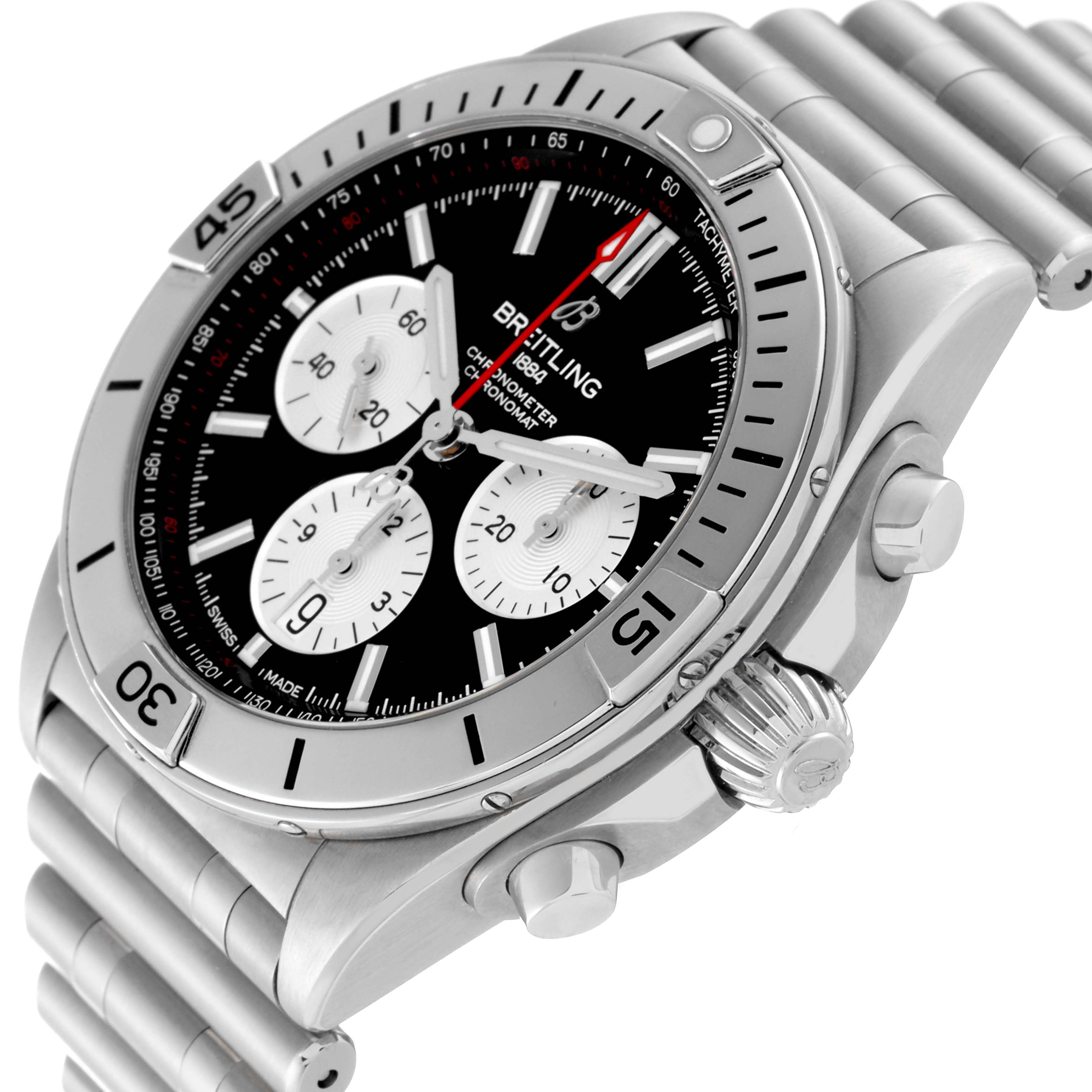 The image shows a close-up angled view of a Breitling Chronomat AB0134 Men's Stainless Steel Black Dial AB0134 Men's Stainless Steel Black Dial watch, highlighting its face, bezel, crown, and bracelet.