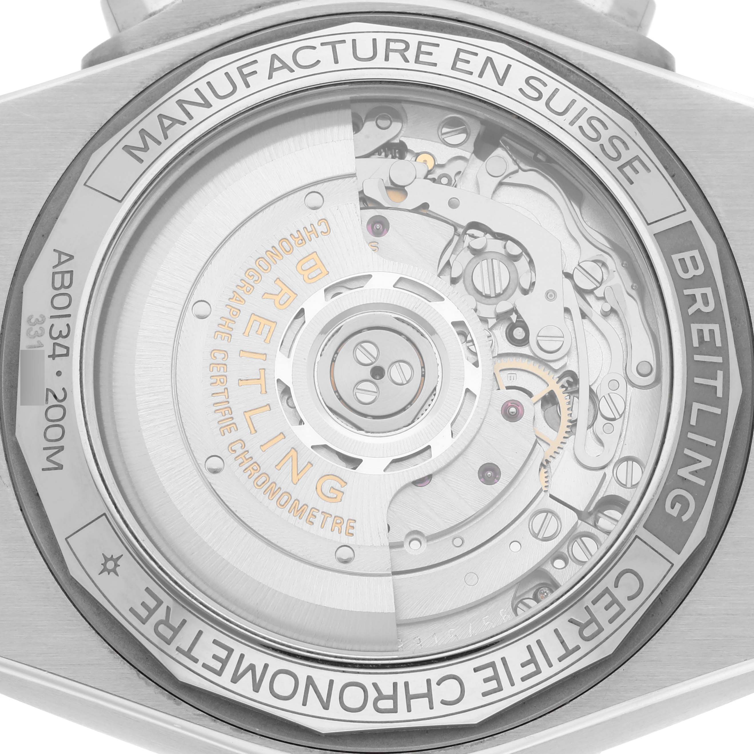 The image shows the back of the Breitling Chronomat AB0134 Men's Stainless Steel Black Dial AB0134 Men's Stainless Steel Black Dial watch, highlighting its internal mechanical movement.