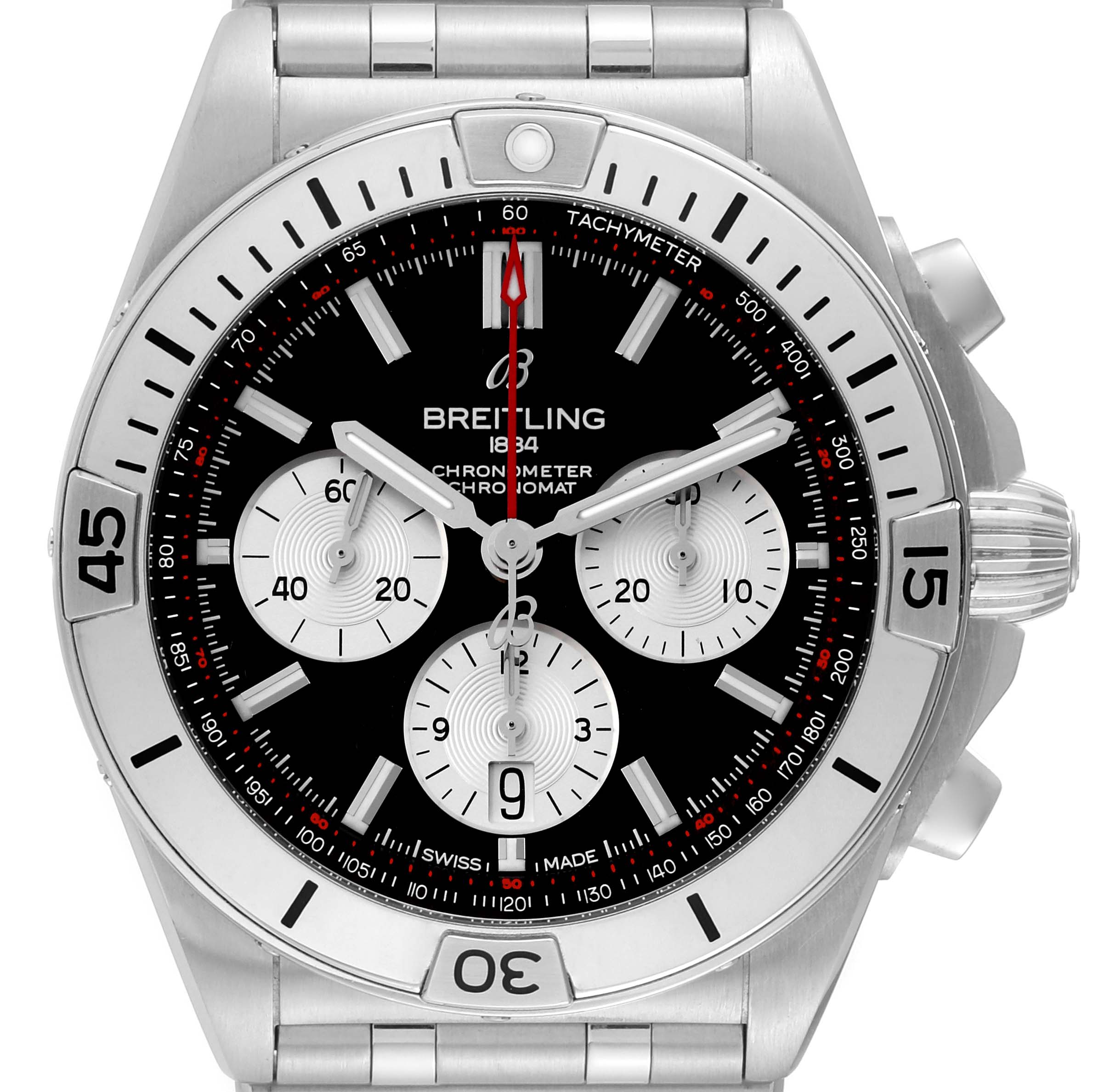 The image shows a frontal view of the Breitling Chronomat AB0134 Men's Stainless Steel Black Dial AB0134 Men's Stainless Steel Black Dial watch, highlighting its dial, bezel, and chronograph subdials.