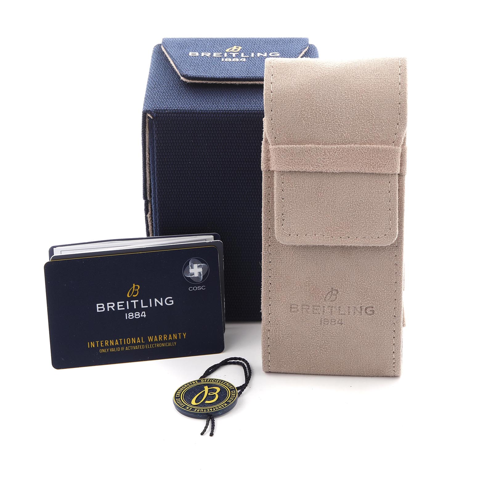 The image shows Breitling Aviator R23380 Men's Rose Gold Grey Dial R23380 Men's Rose Gold Grey Dial watch accessories including a box, pouch, warranty card, and tag from a front angle.