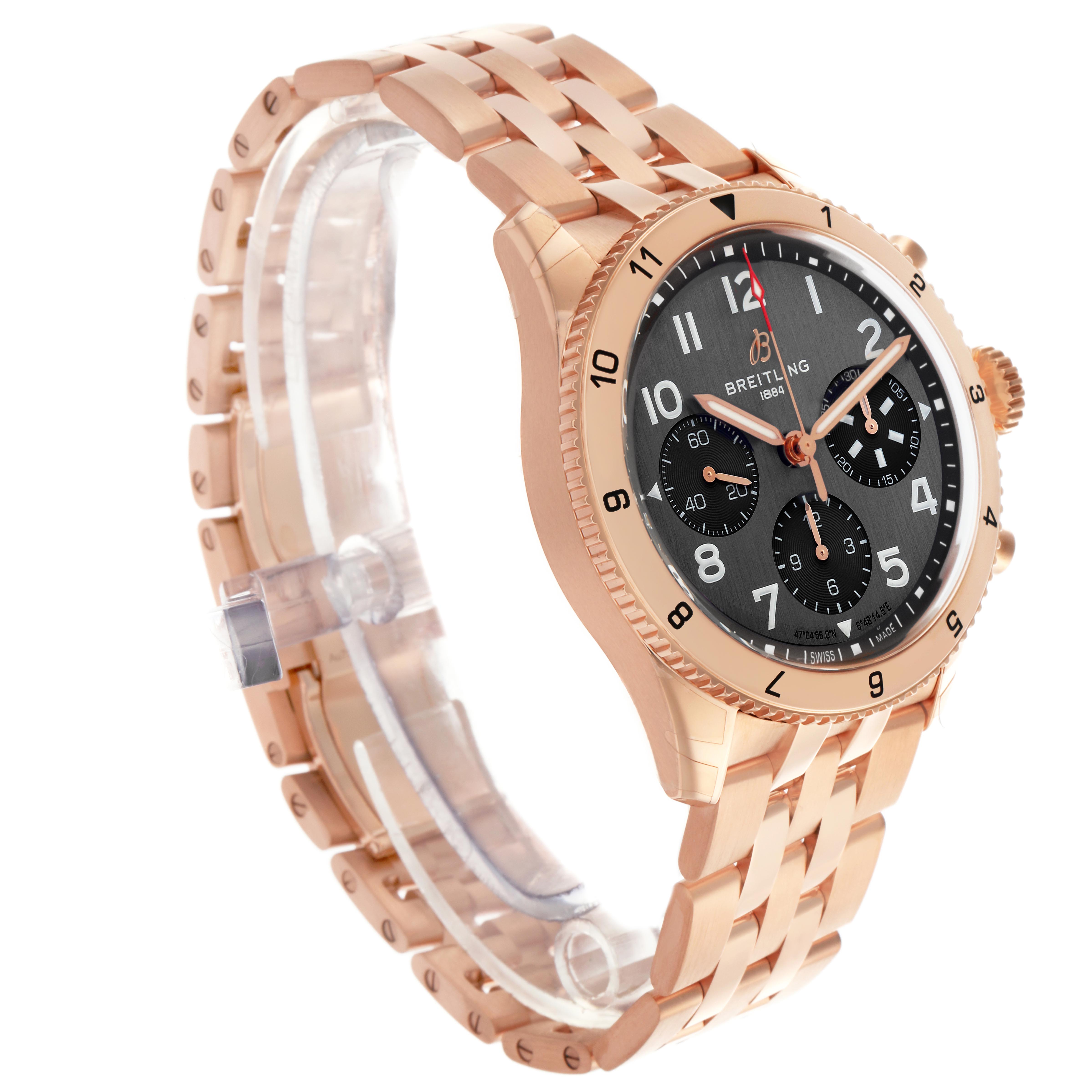 The Breitling Aviator R23380 Men's Rose Gold Grey Dial R23380 Men's Rose Gold Grey Dial watch is shown at a three-quarter angle, displaying the face, bezel, and bracelet with a rose-gold finish.