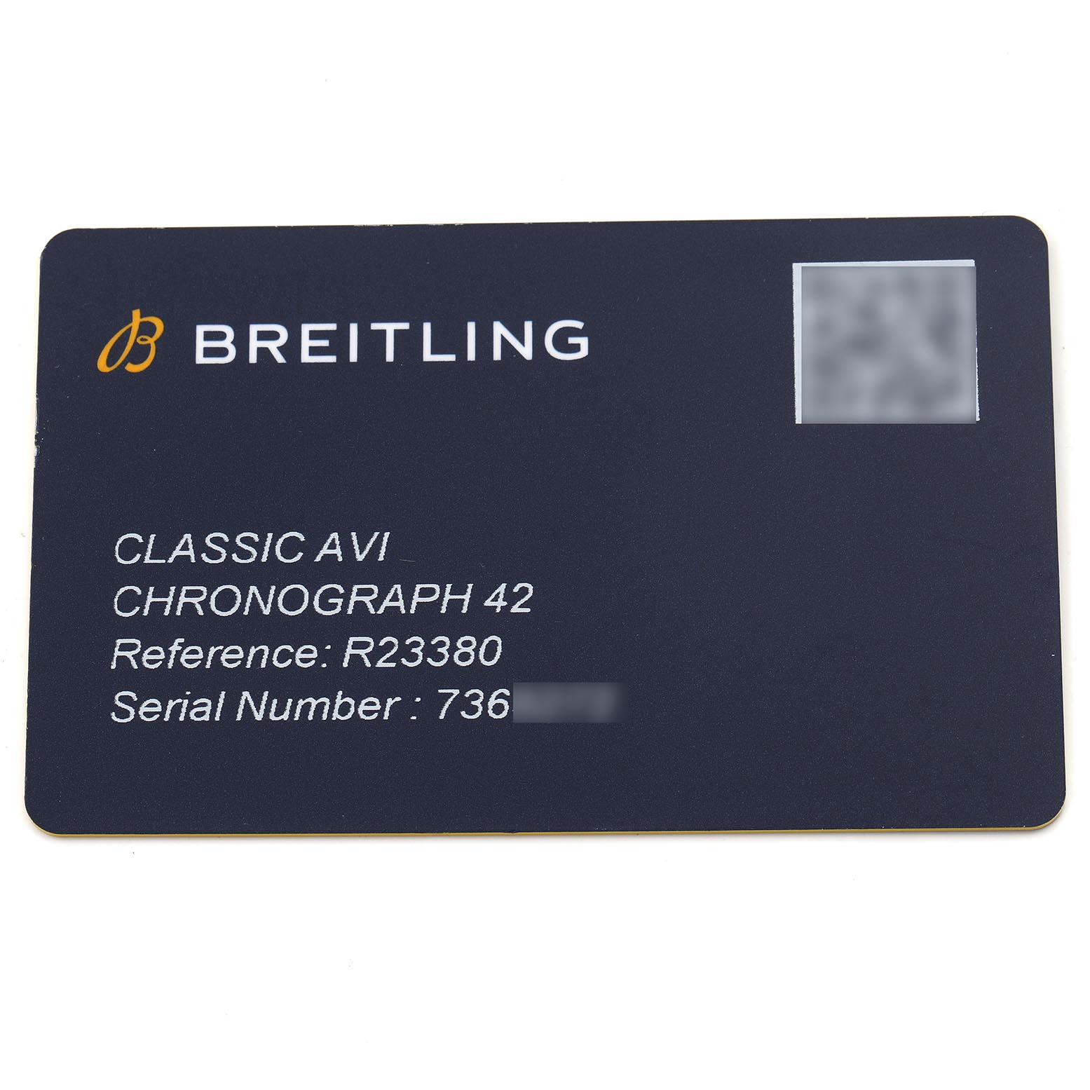 The image shows a Breitling Aviator R23380 Men's Rose Gold Grey Dial R23380 Men's Rose Gold Grey Dial watch card with model and serial information, viewed from above.