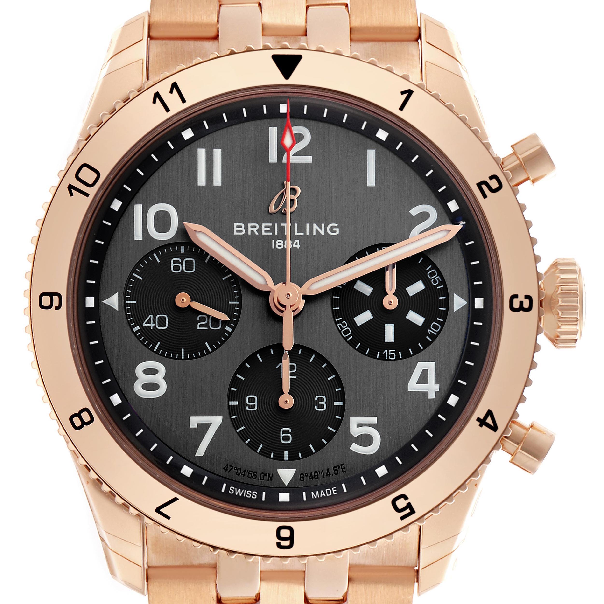 The Breitling Aviator R23380 Men's Rose Gold Grey Dial R23380 Men's Rose Gold Grey Dial watch is shown from the front, displaying the face, bezel, hands, subdials, and part of the bracelet.