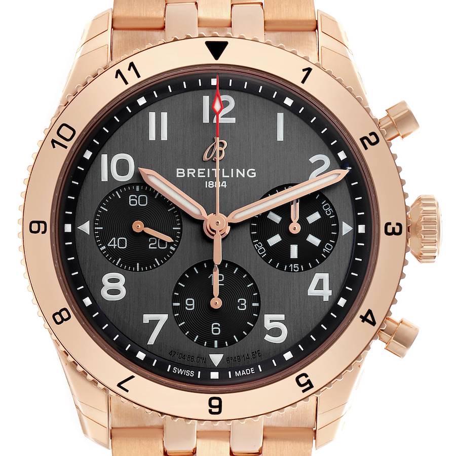 The Breitling Aviator watch is shown from the front, displaying the face, bezel, hands, subdials, and part of the bracelet.