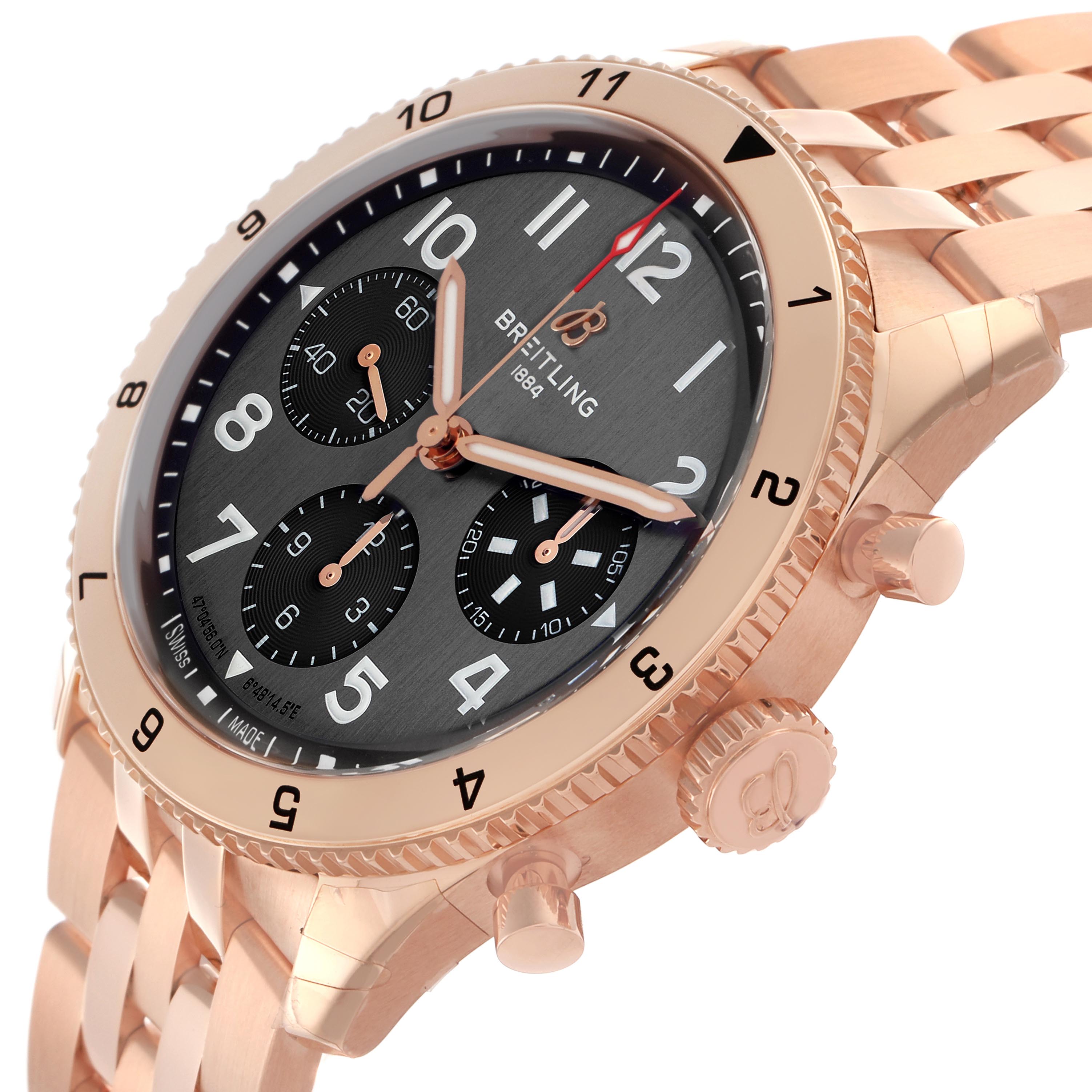 The Breitling Aviator R23380 Men's Rose Gold Grey Dial R23380 Men's Rose Gold Grey Dial watch is shown at an angle highlighting the dial, case, bezel, crown, and part of the bracelet.