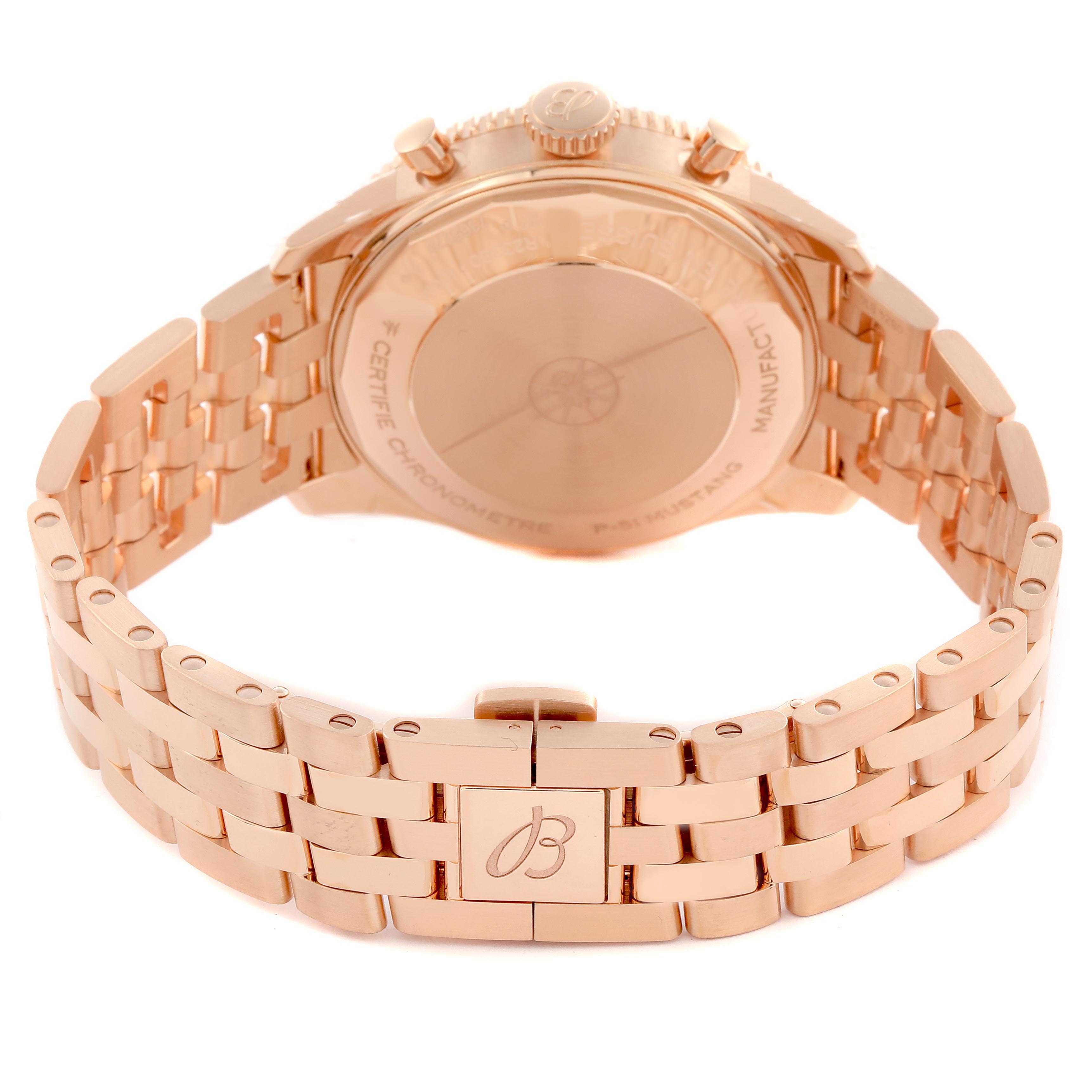 The image shows the back view of a Breitling Aviator R23380 Men's Rose Gold Grey Dial R23380 Men's Rose Gold Grey Dial watch, featuring the case back and bracelet with a logo clasp.