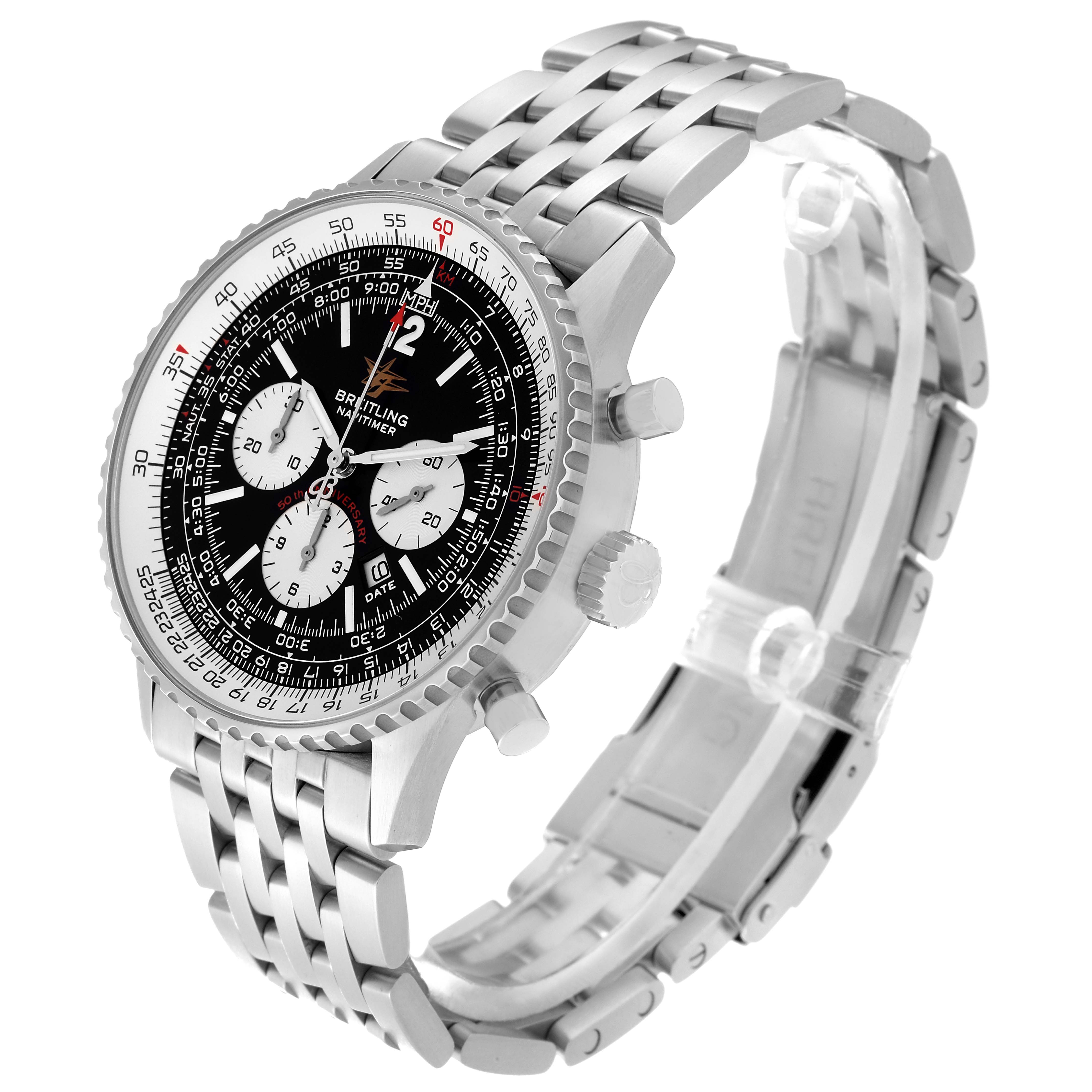 The Breitling Navitimer A41322 Men
s Stainless Steel Black Dial A41322 Men
s Stainless Steel Black Dial watch is displayed at a slight angle, showcasing its face, bezel, crown, pushers, and stainless steel bracelet.