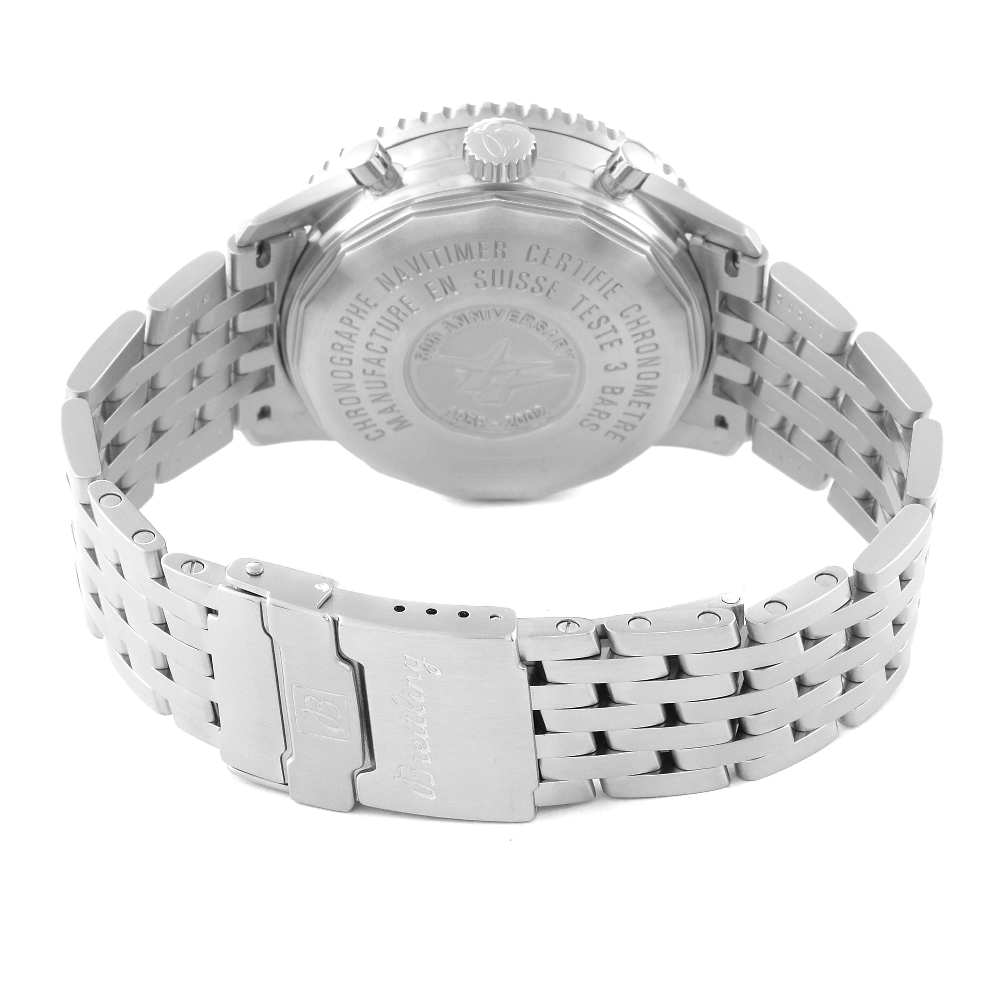 The image shows the back view of a Breitling Navitimer A41322 Men
s Stainless Steel Black Dial A41322 Men
s Stainless Steel Black Dial watch, highlighting its caseback, crown, and metal bracelet with a clasp.
