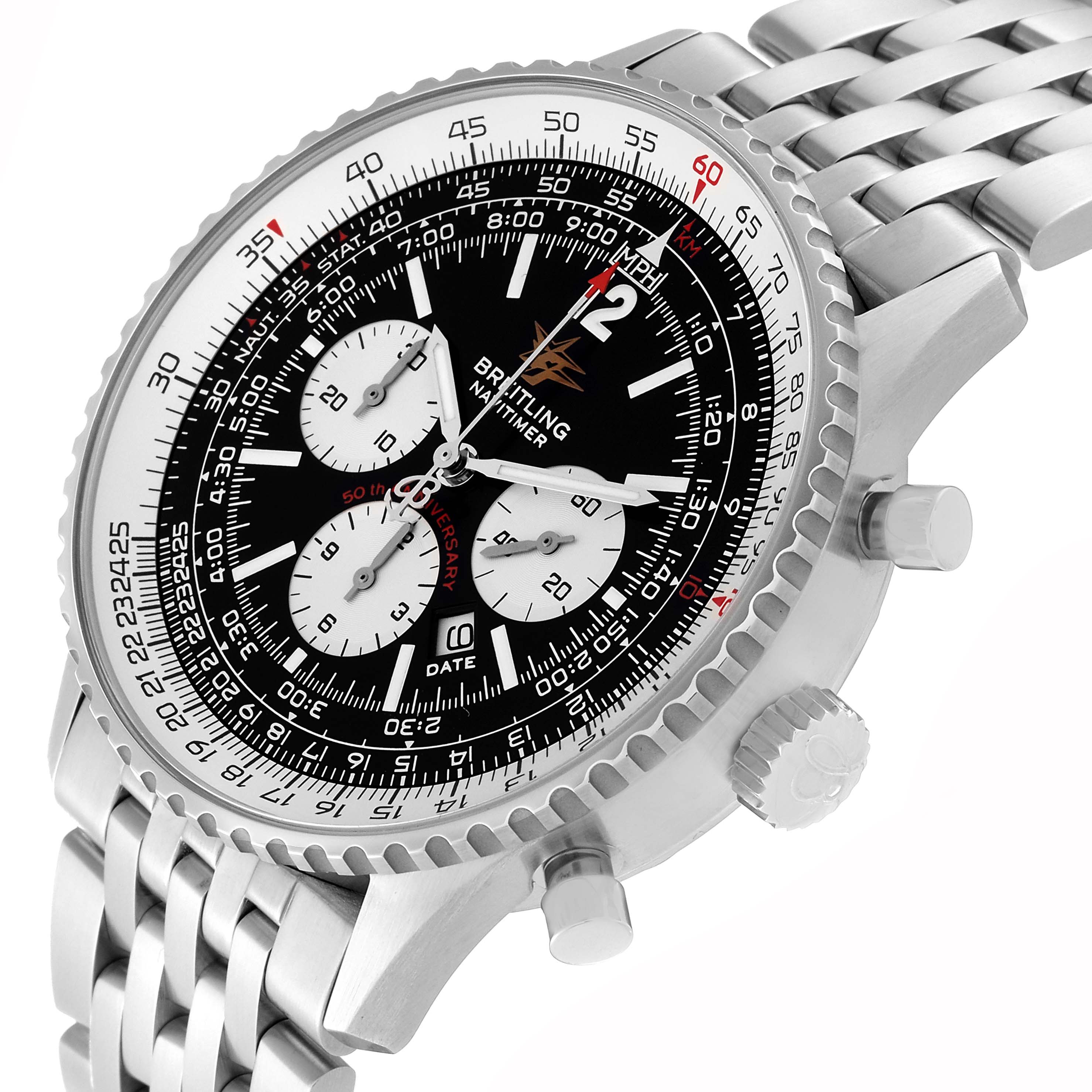 The image shows a close-up angle of the Breitling Navitimer A41322 Men
s Stainless Steel Black Dial A41322 Men
s Stainless Steel Black Dial watch, highlighting its face, bezel, crown, and bracelet.