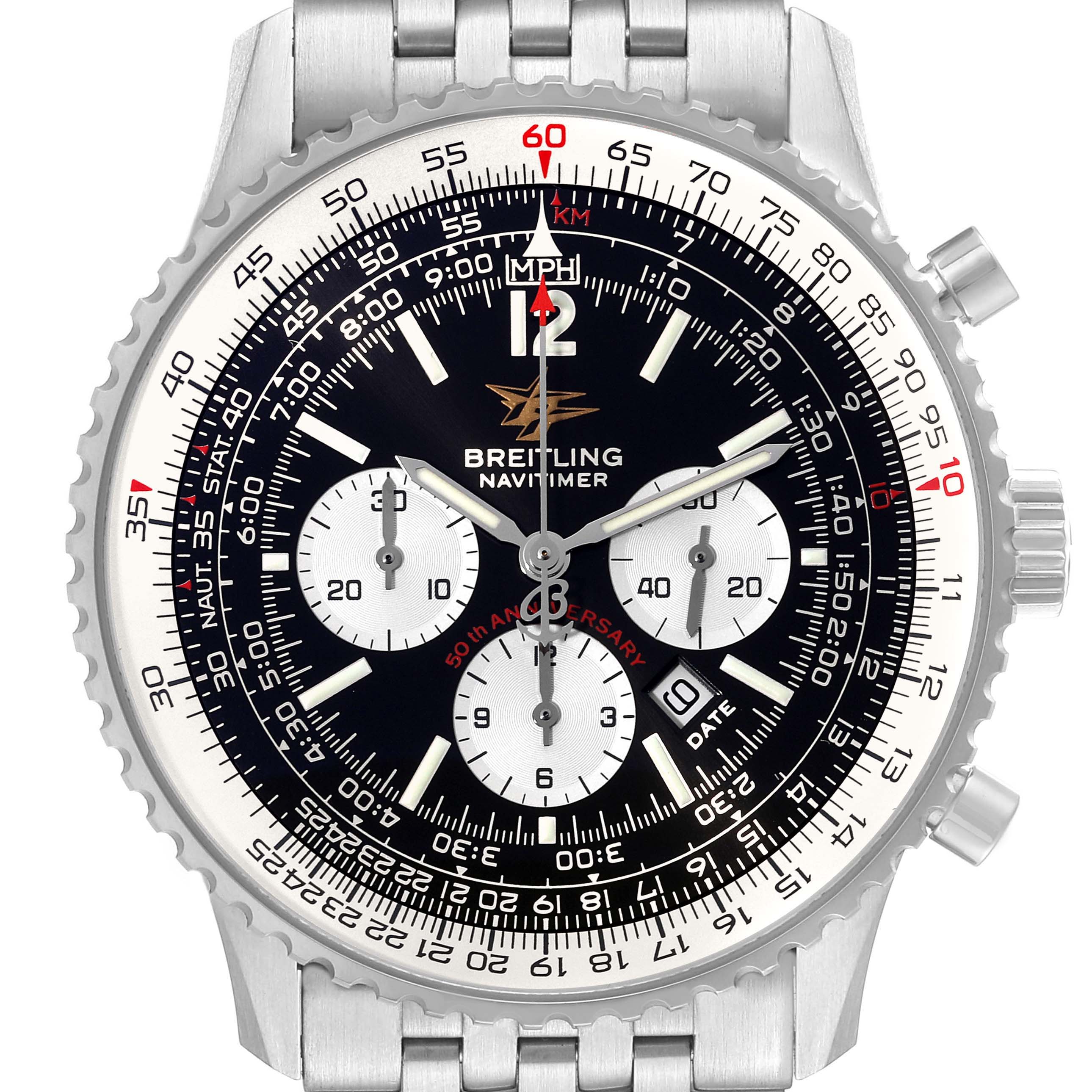 The image shows a front view of a Breitling Navitimer A41322 Men
s Stainless Steel Black Dial A41322 Men
s Stainless Steel Black Dial watch, featuring its face, bezel, and part of the bracelet.
