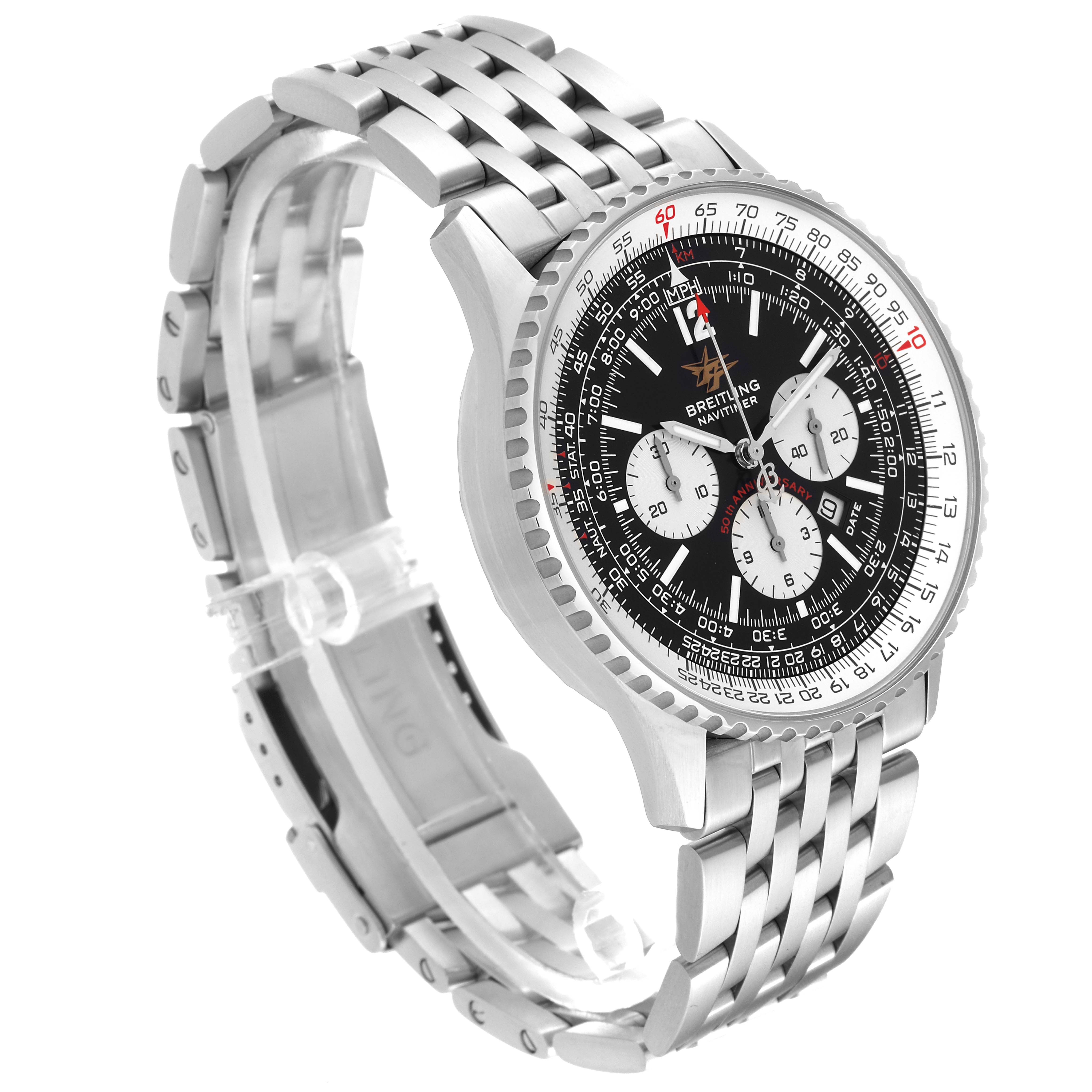 The image shows a Breitling Navitimer A41322 Men
s Stainless Steel Black Dial A41322 Men
s Stainless Steel Black Dial watch at a three-quarter angle, highlighting its intricate dial and metal bracelet.