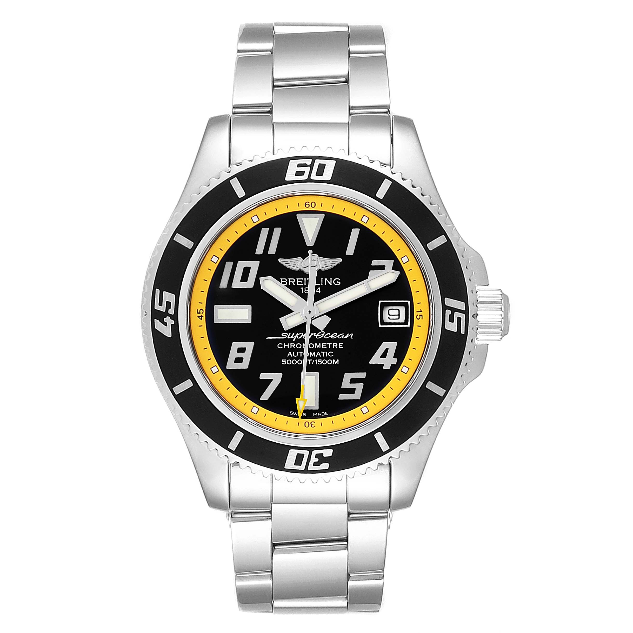 This image shows a frontal view of a Breitling Chronomat A17364 Men's Stainless Steel Black Dial A17364 Men's Stainless Steel Black Dial watch, highlighting its face, bezel, bracelet, and crown.