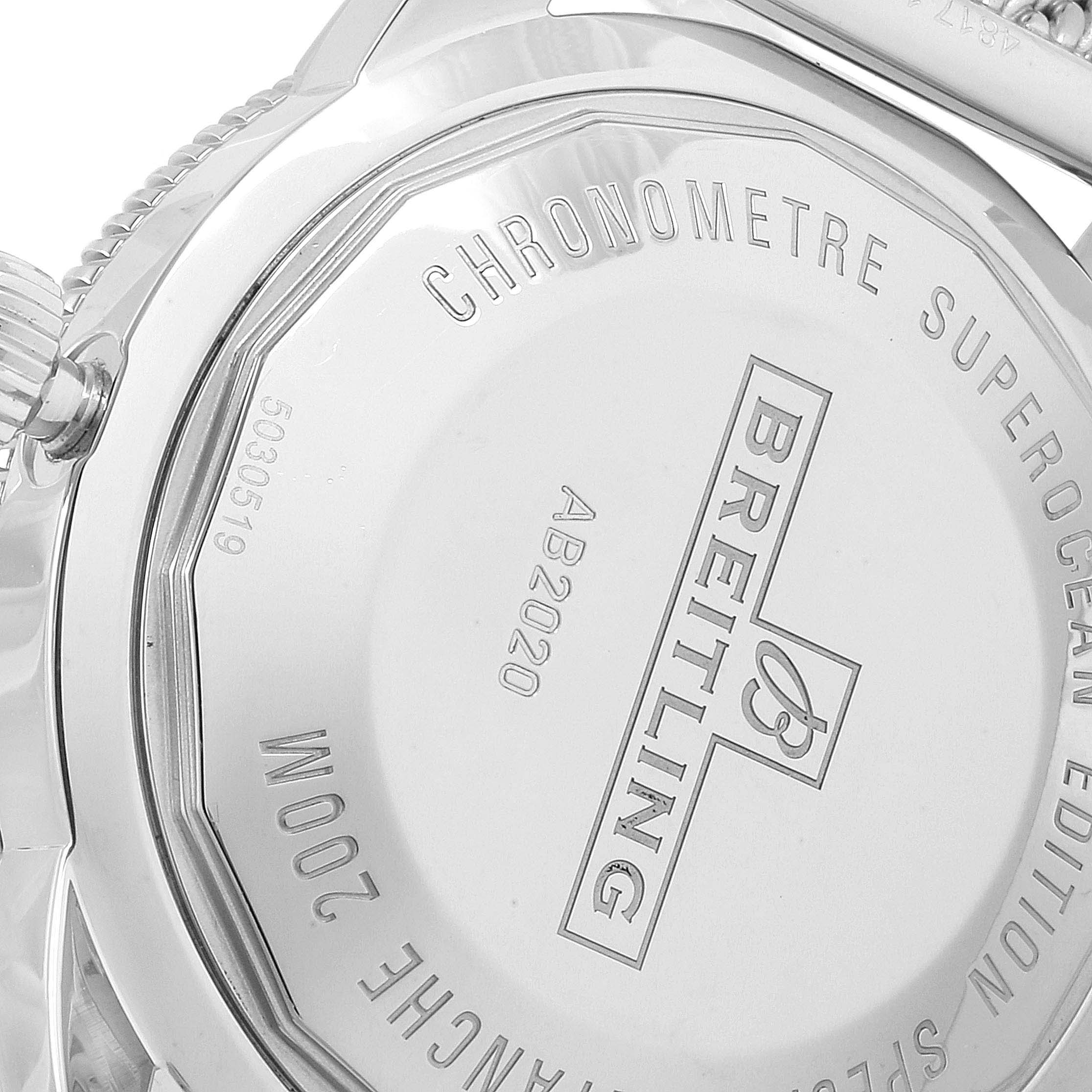 The image shows the back case of a Breitling Superocean AB202016-C961-152A Men
s Stainless Steel Blue Dial AB202016-C961-152A Men
s Stainless Steel Blue Dial watch, highlighting engravings and details.