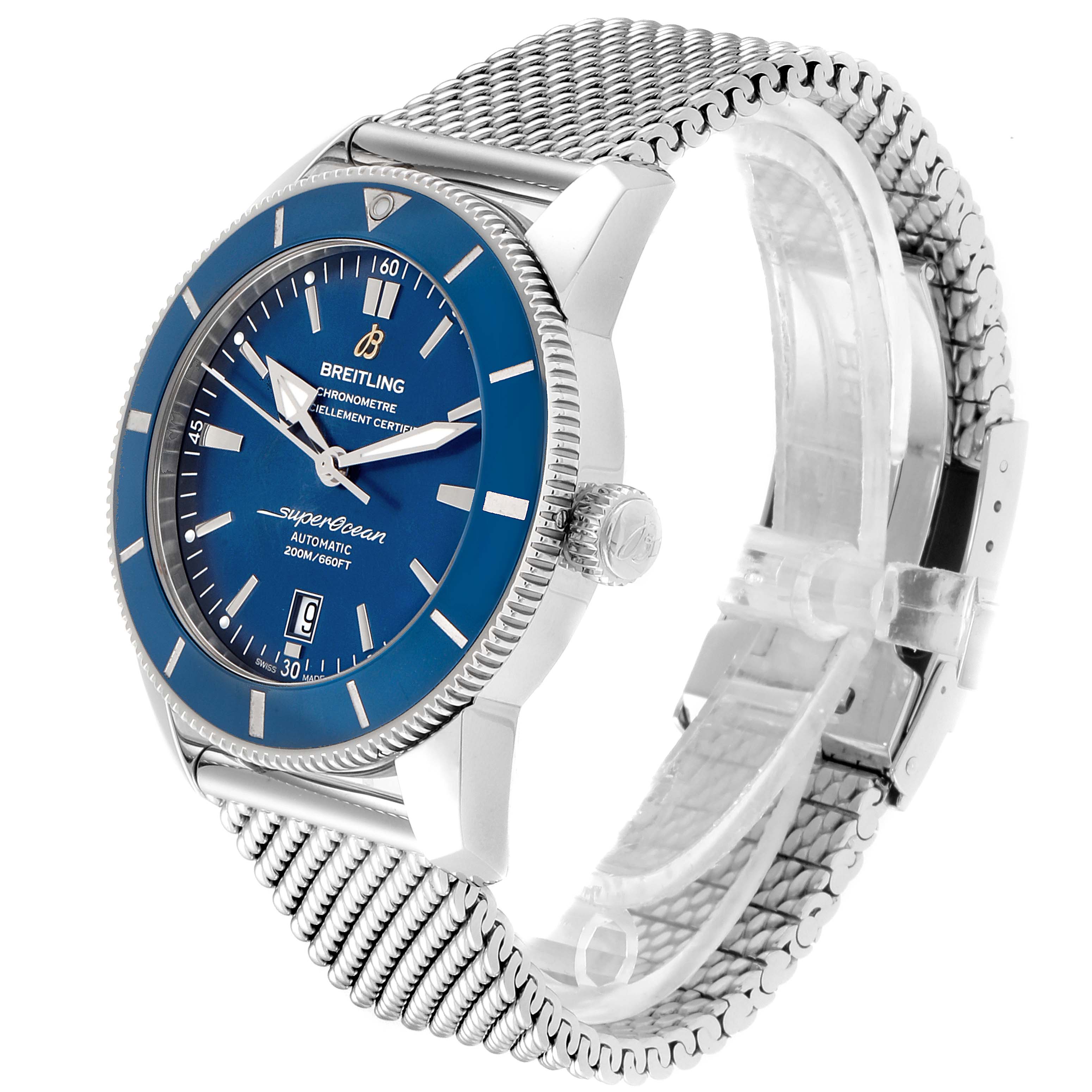 The Breitling Superocean AB202016-C961-152A Men
s Stainless Steel Blue Dial AB202016-C961-152A Men
s Stainless Steel Blue Dial watch is shown from an angled perspective, highlighting the face, bezel, crown, and mesh bracelet.