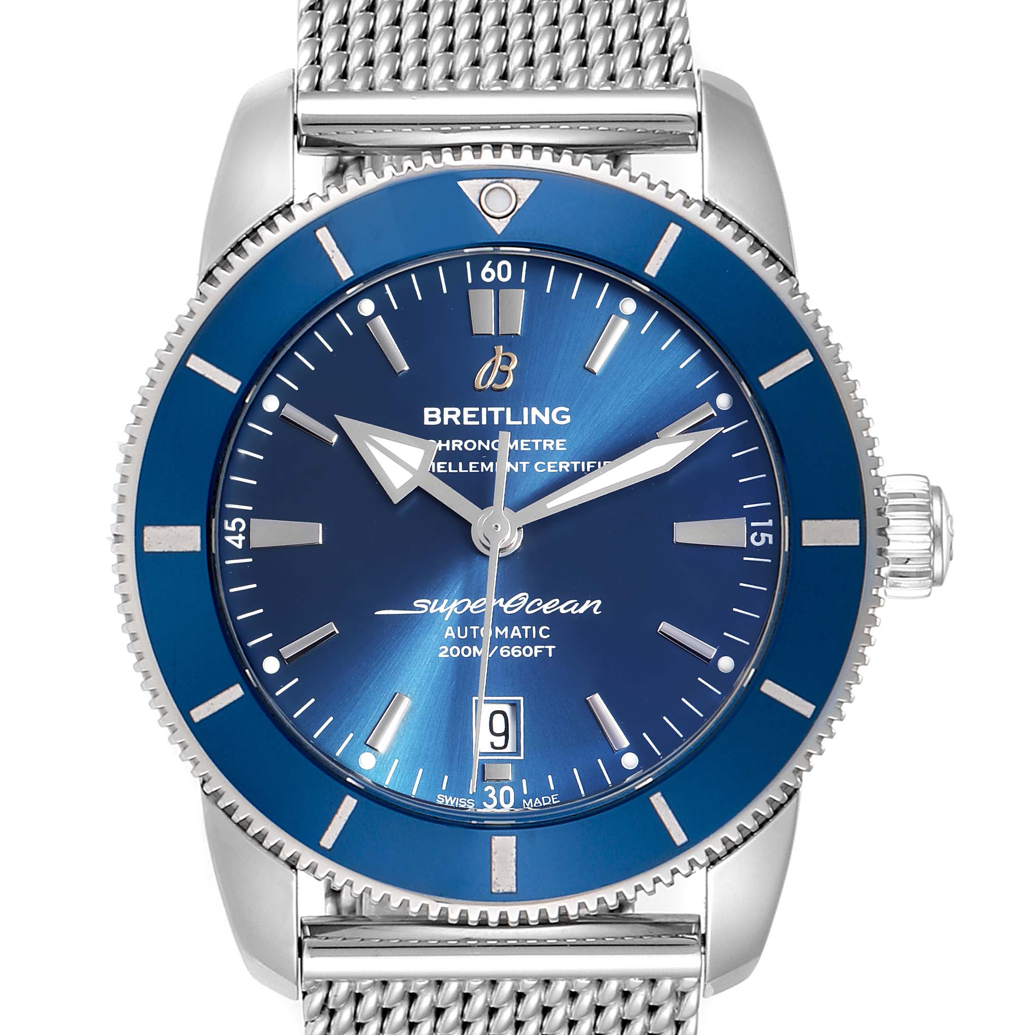 The image shows a Breitling Superocean AB202016-C961-152A Men
s Stainless Steel Blue Dial AB202016-C961-152A Men
s Stainless Steel Blue Dial watch from a front angle, highlighting the blue dial, bezel, and mesh strap.