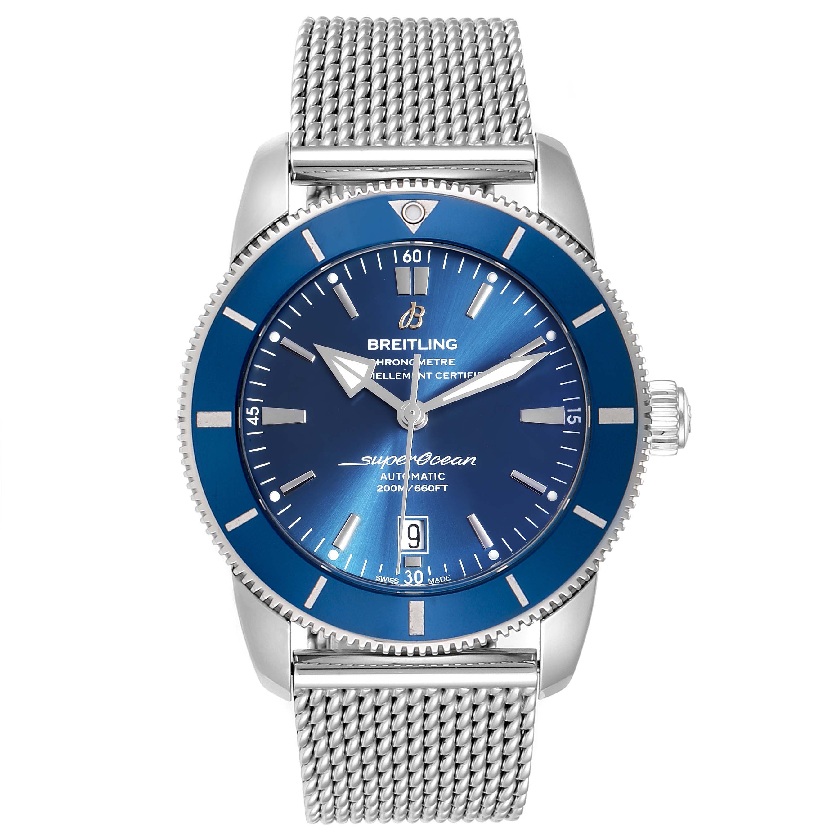 The image shows a front view of the Breitling Superocean AB202016-C961-152A Men
s Stainless Steel Blue Dial AB202016-C961-152A Men
s Stainless Steel Blue Dial watch, displaying its blue dial, metal mesh strap, and date function.