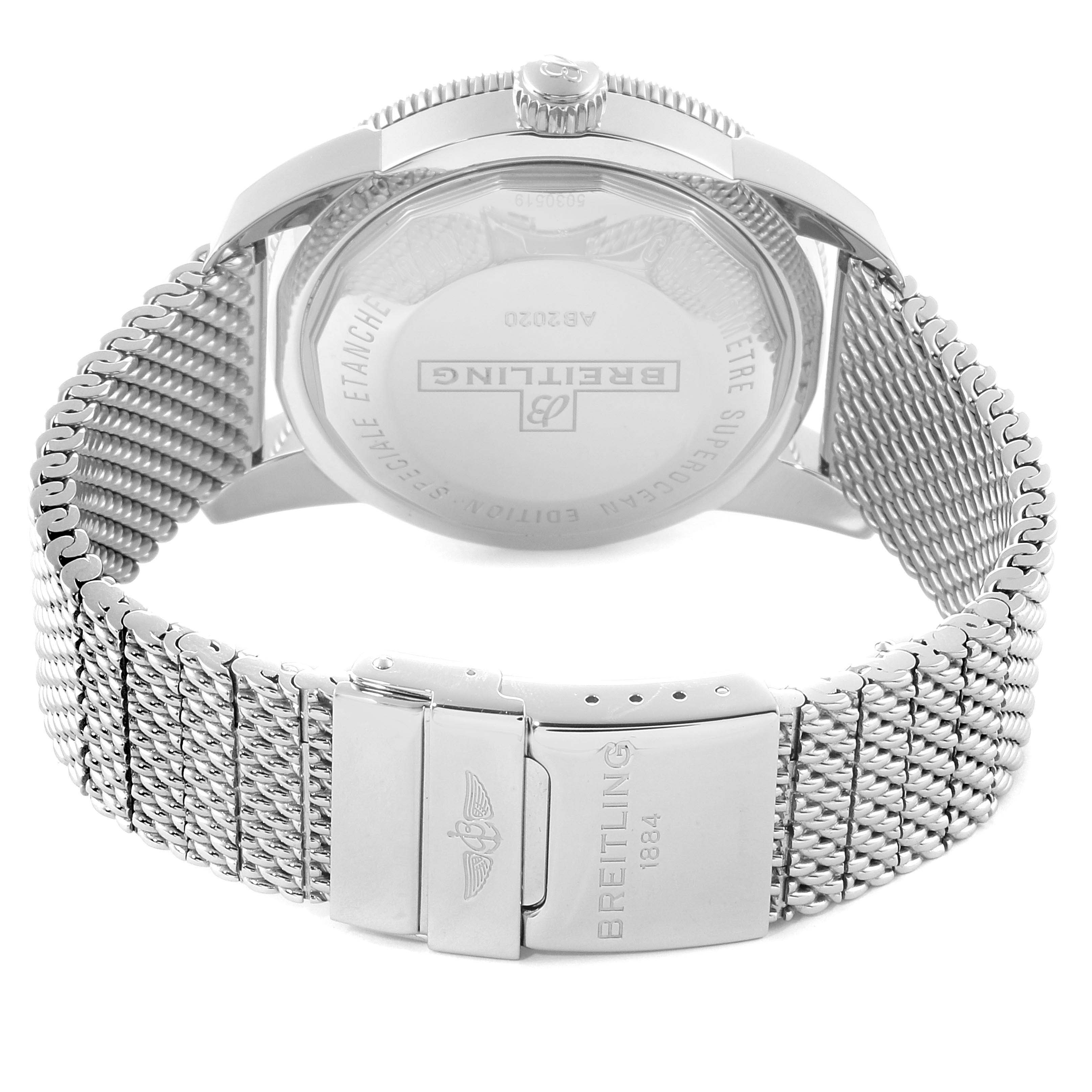 The image shows the back view of a Breitling Superocean AB202016-C961-152A Men
s Stainless Steel Blue Dial AB202016-C961-152A Men
s Stainless Steel Blue Dial watch, highlighting the case back and metal bracelet with clasp.