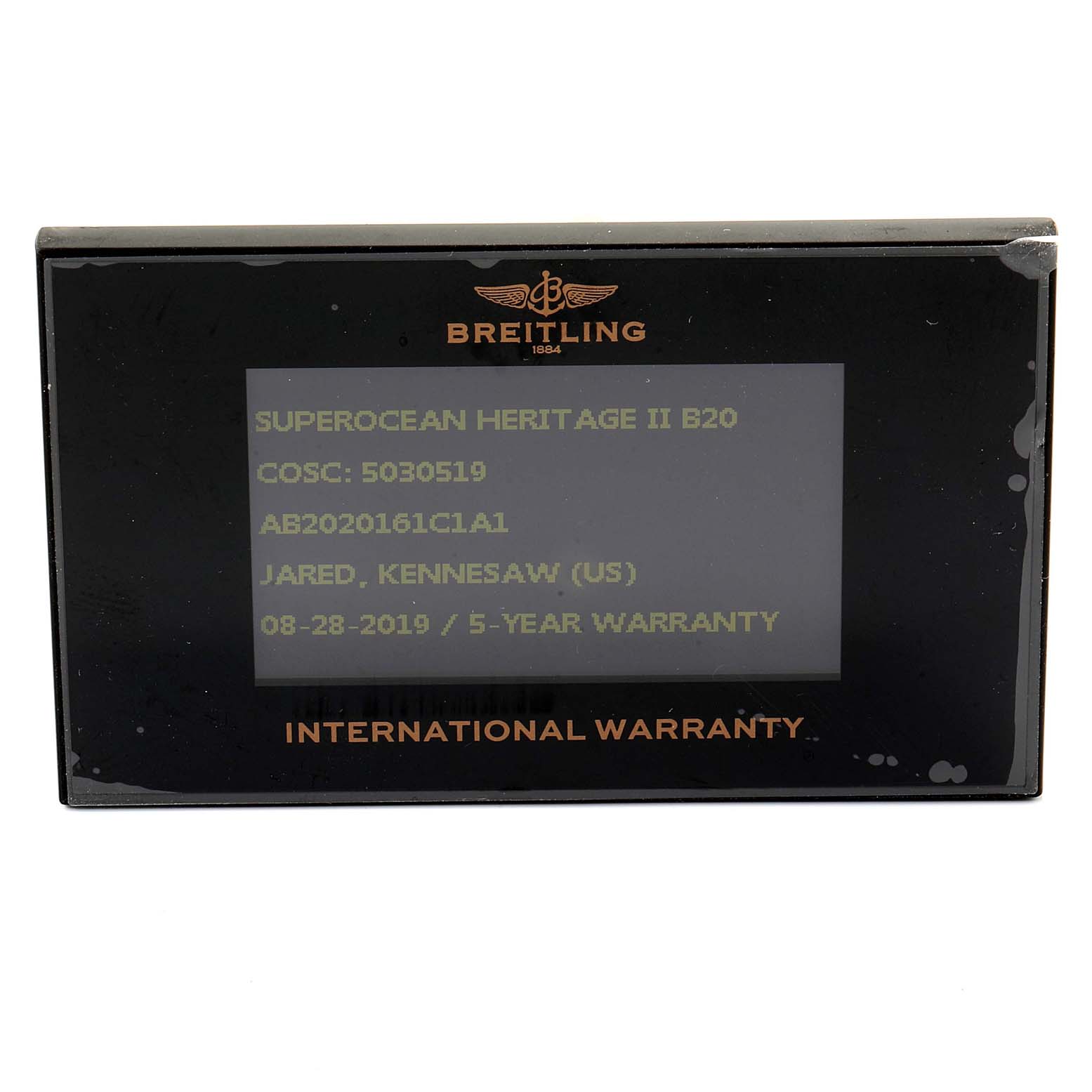 The image shows a Breitling Superocean AB202016-C961-152A Men
s Stainless Steel Blue Dial AB202016-C961-152A Men
s Stainless Steel Blue Dial Heritage II B20 warranty card displayed from the front angle.