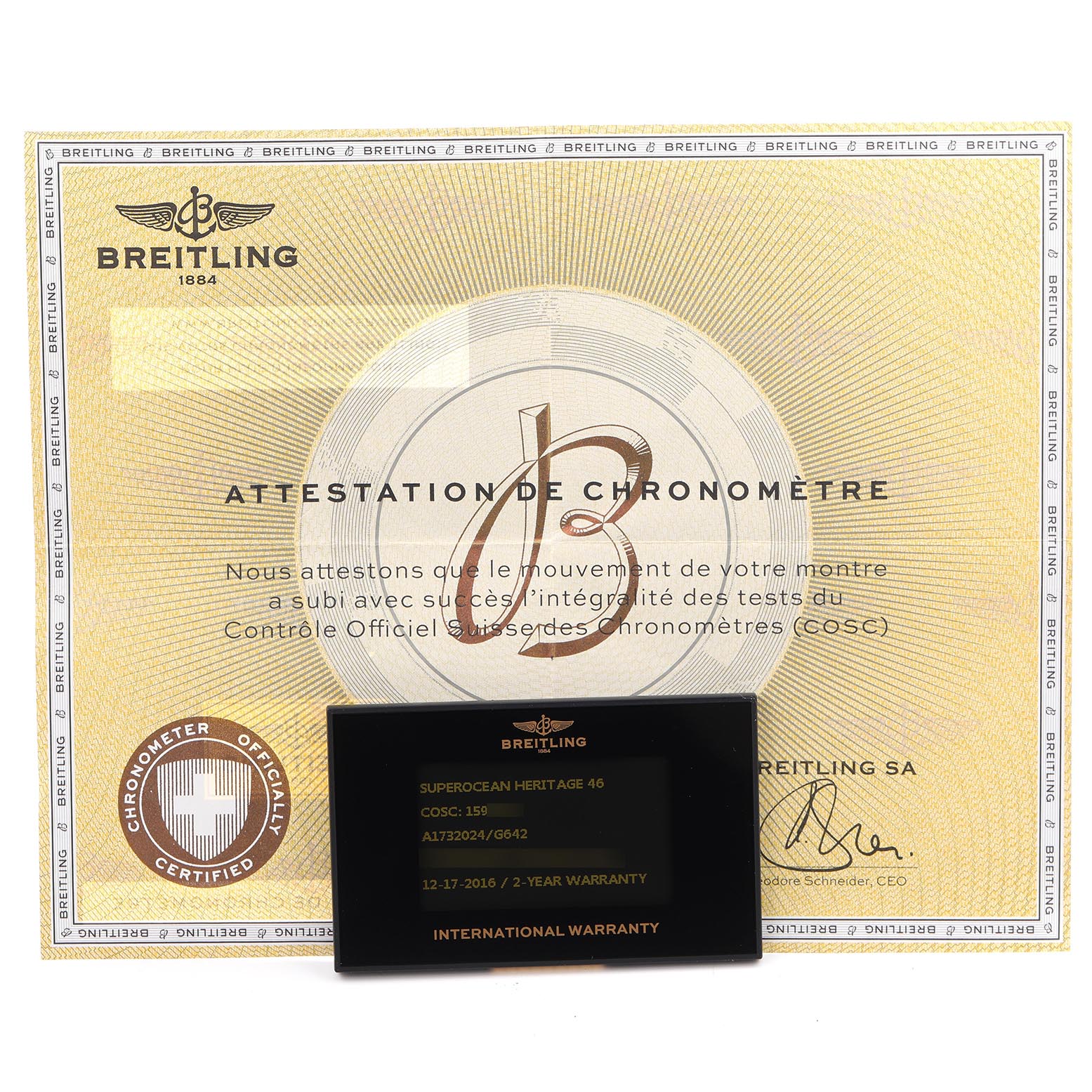 The image shows a warranty card and chronometer certificate for the Breitling Superocean A1732024/G642 Men's Stainless Steel Silver Dial A1732024/G642 Men's Stainless Steel Silver Dial model.