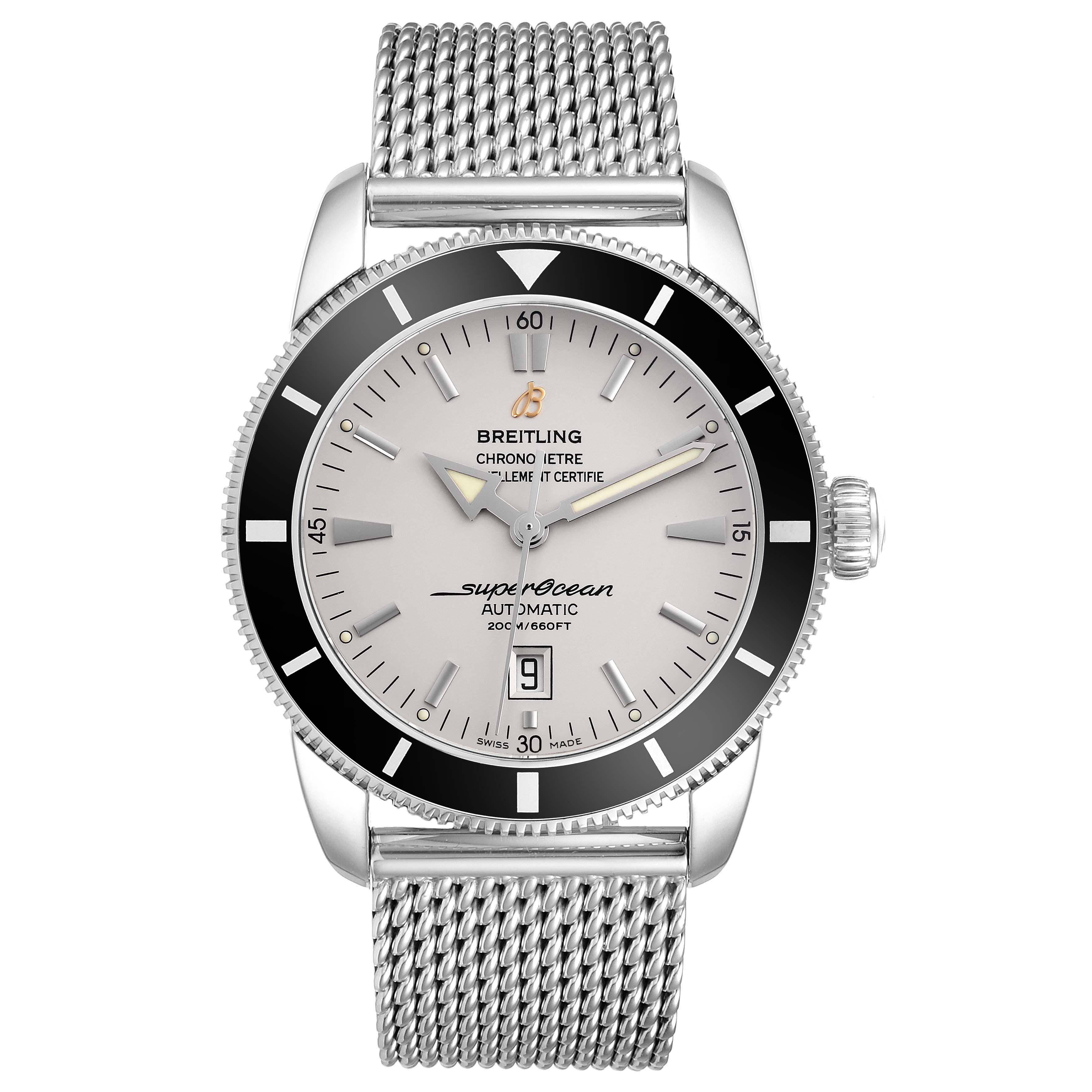 The Breitling Superocean A1732024/G642 Men's Stainless Steel Silver Dial A1732024/G642 Men's Stainless Steel Silver Dial watch is shown from a front angle, highlighting its case, dial, bezel, and mesh bracelet.
