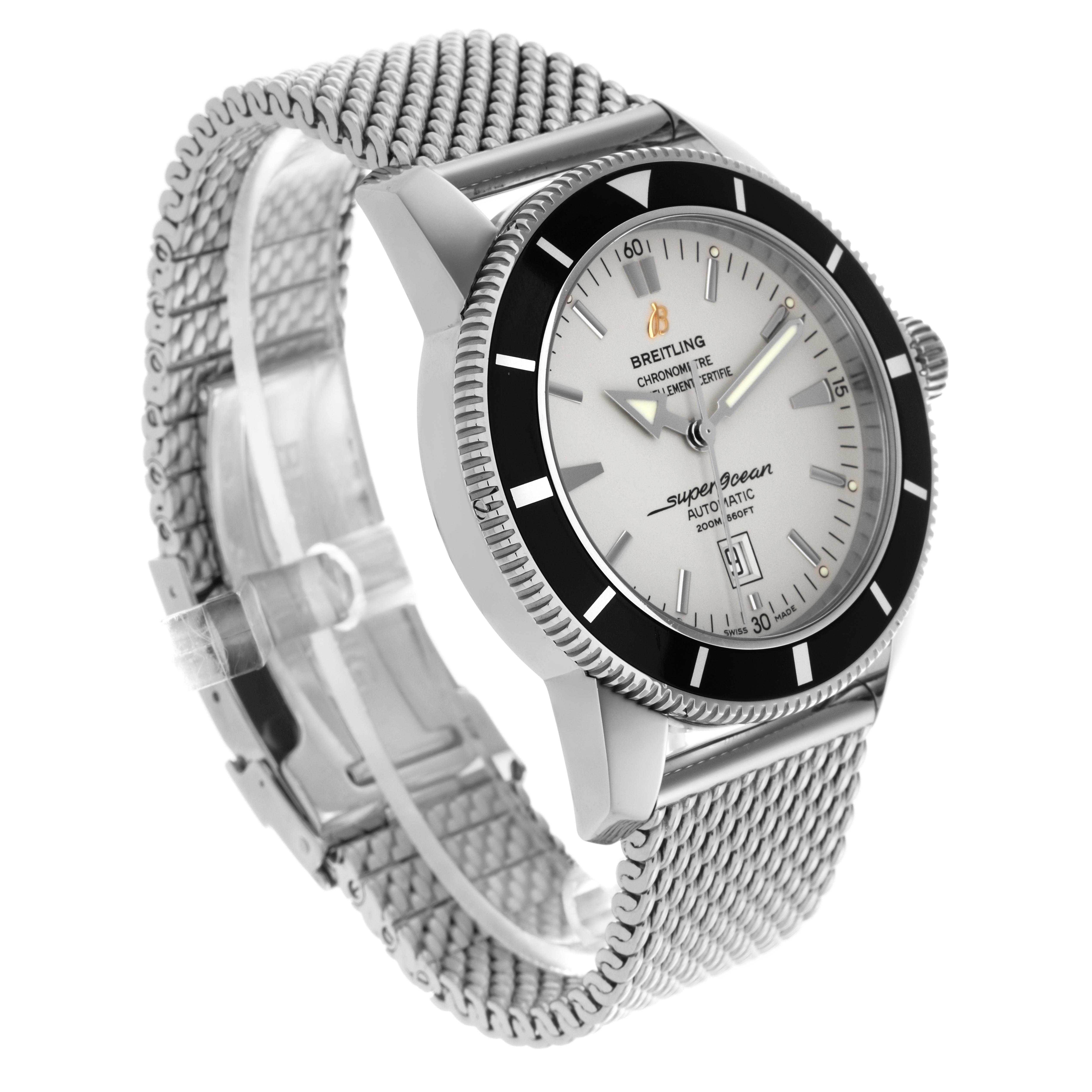 The Breitling Superocean A1732024/G642 Men's Stainless Steel Silver Dial A1732024/G642 Men's Stainless Steel Silver Dial watch is shown at a three-quarter angle, displaying the face, bezel, and mesh bracelet.