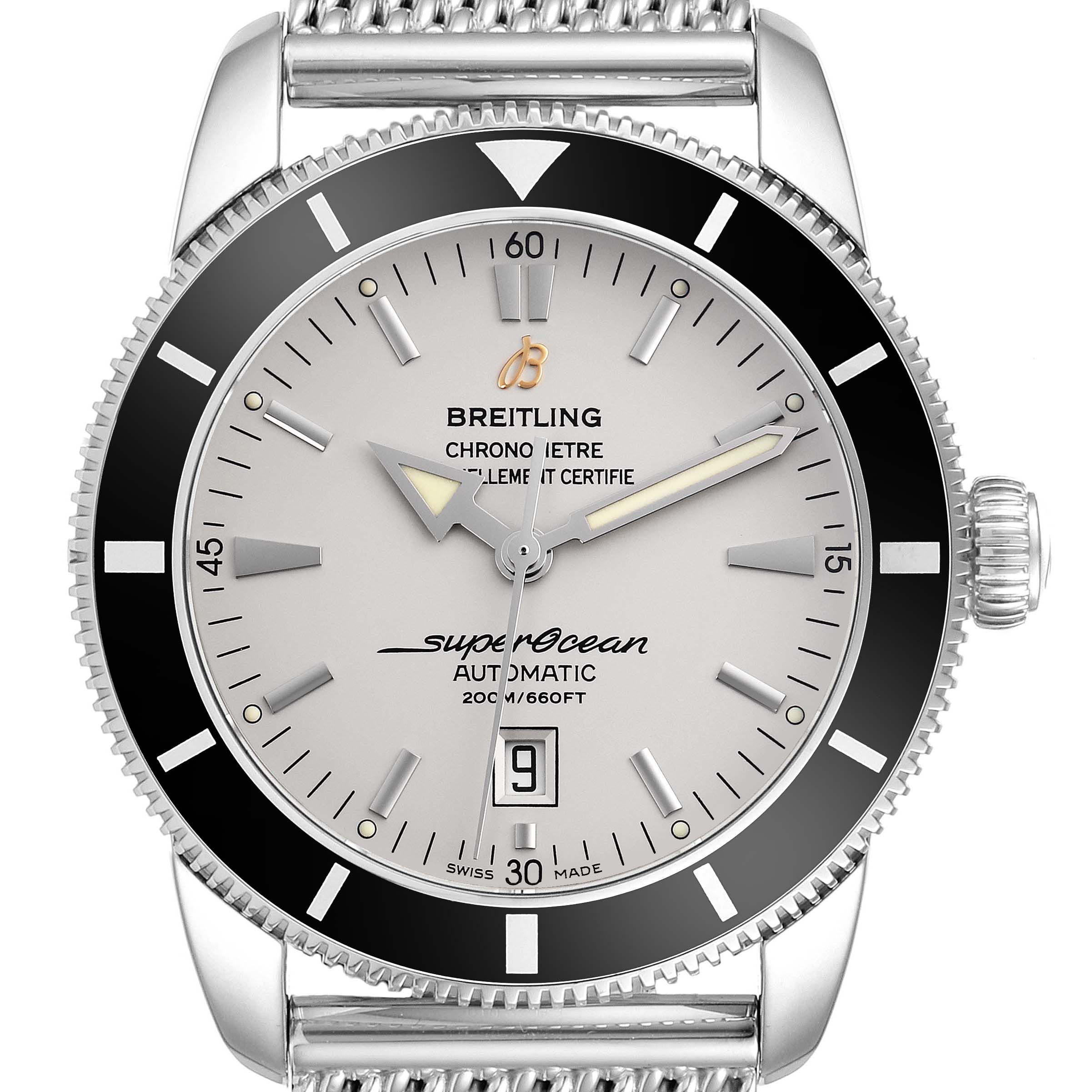The Breitling Superocean A1732024/G642 Men's Stainless Steel Silver Dial A1732024/G642 Men's Stainless Steel Silver Dial watch is shown from a front angle, highlighting the dial, bezel, and crown.