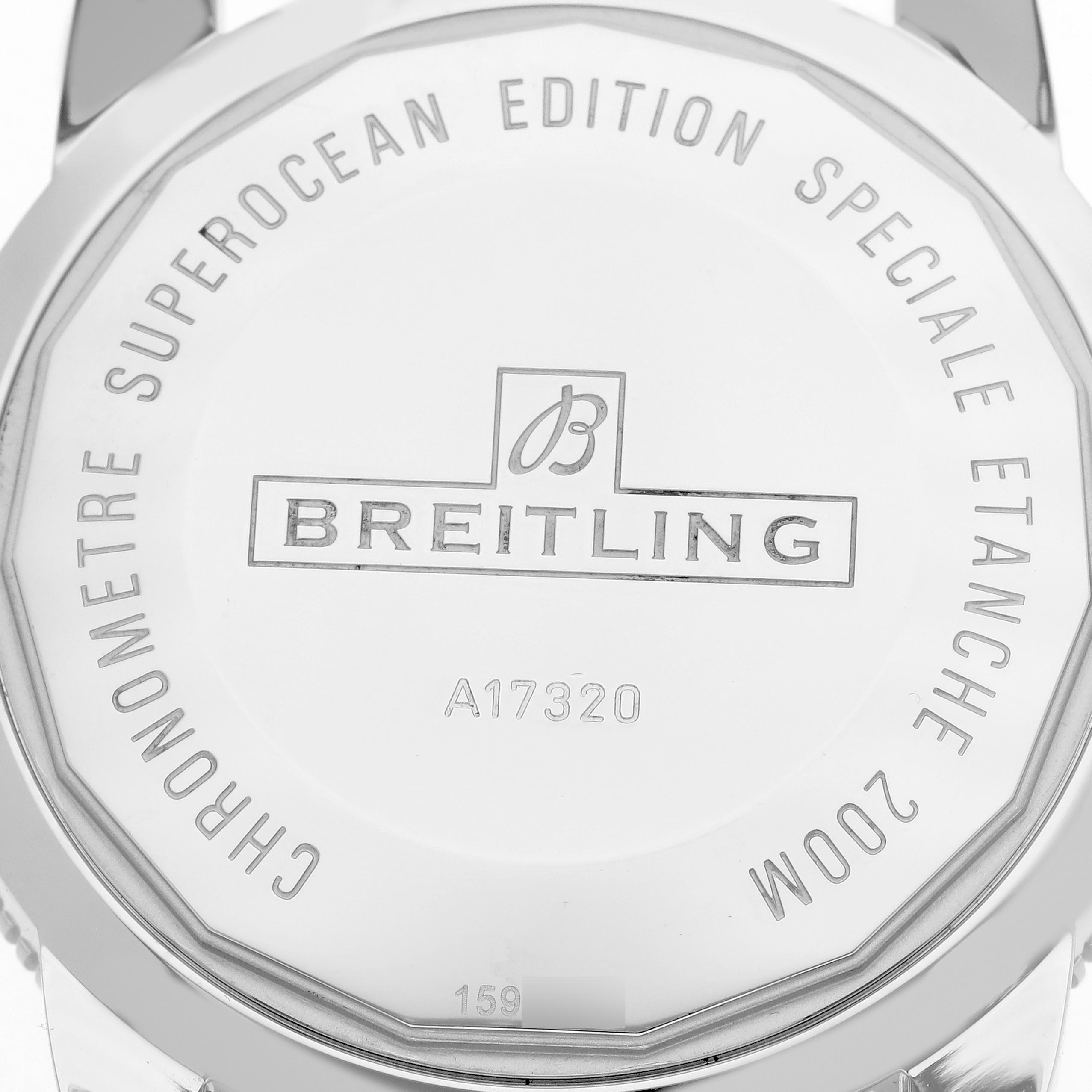The image shows the back case of a Breitling Superocean A1732024/G642 Men's Stainless Steel Silver Dial A1732024/G642 Men's Stainless Steel Silver Dial watch, highlighting the model information and branding.