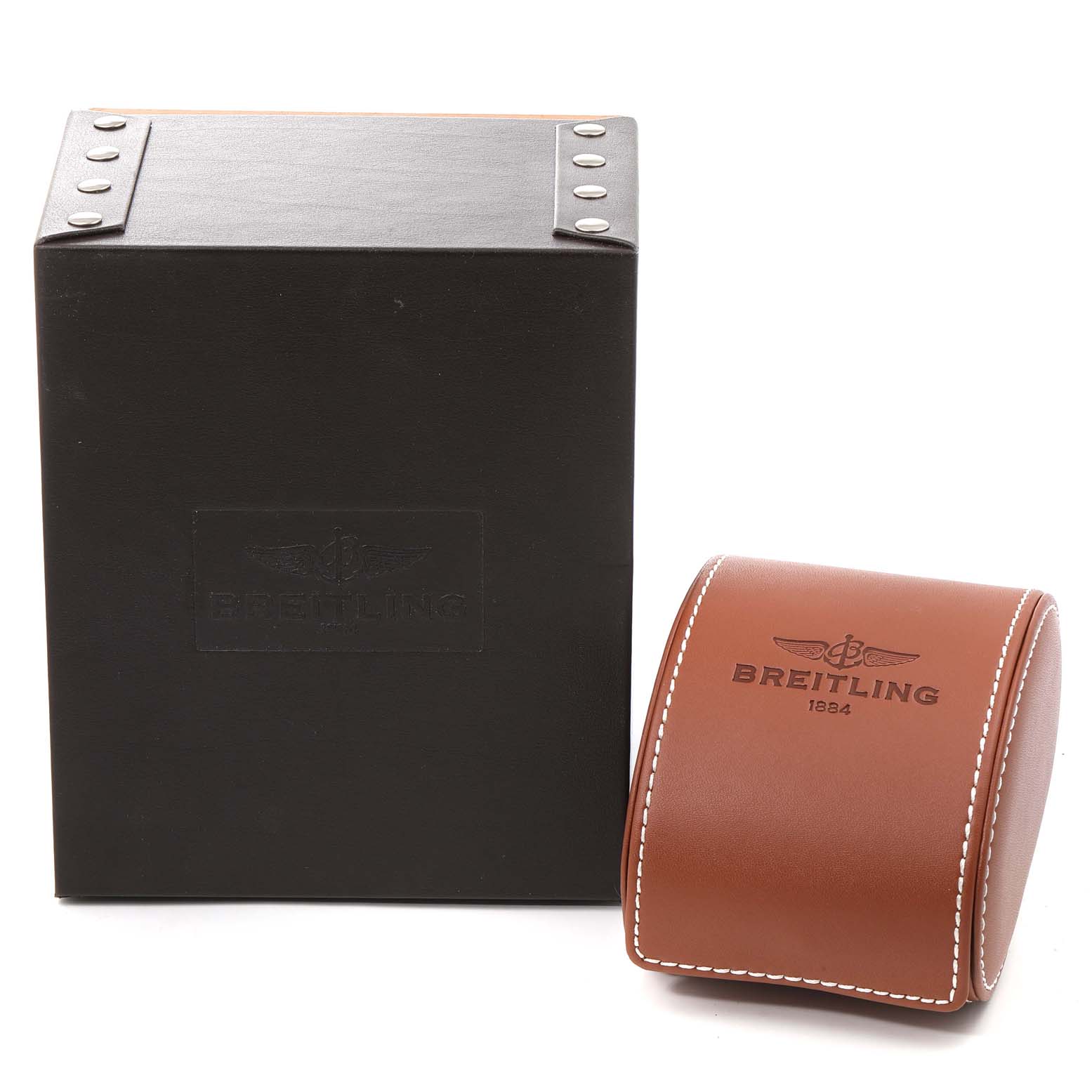 The image shows the packaging for the Breitling Superocean A13320 Men's Stainless Steel Silver Dial A13320 Men's Stainless Steel Silver Dial watch, including a black box and a brown leather case.