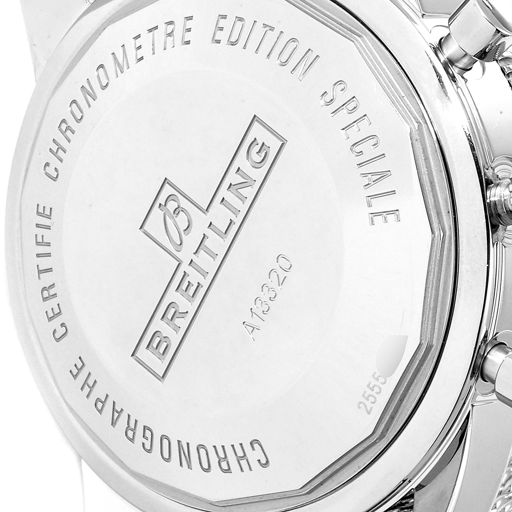 The image shows the caseback of a Breitling Superocean A13320 Men's Stainless Steel Silver Dial A13320 Men's Stainless Steel Silver Dial watch from a close-up angle.