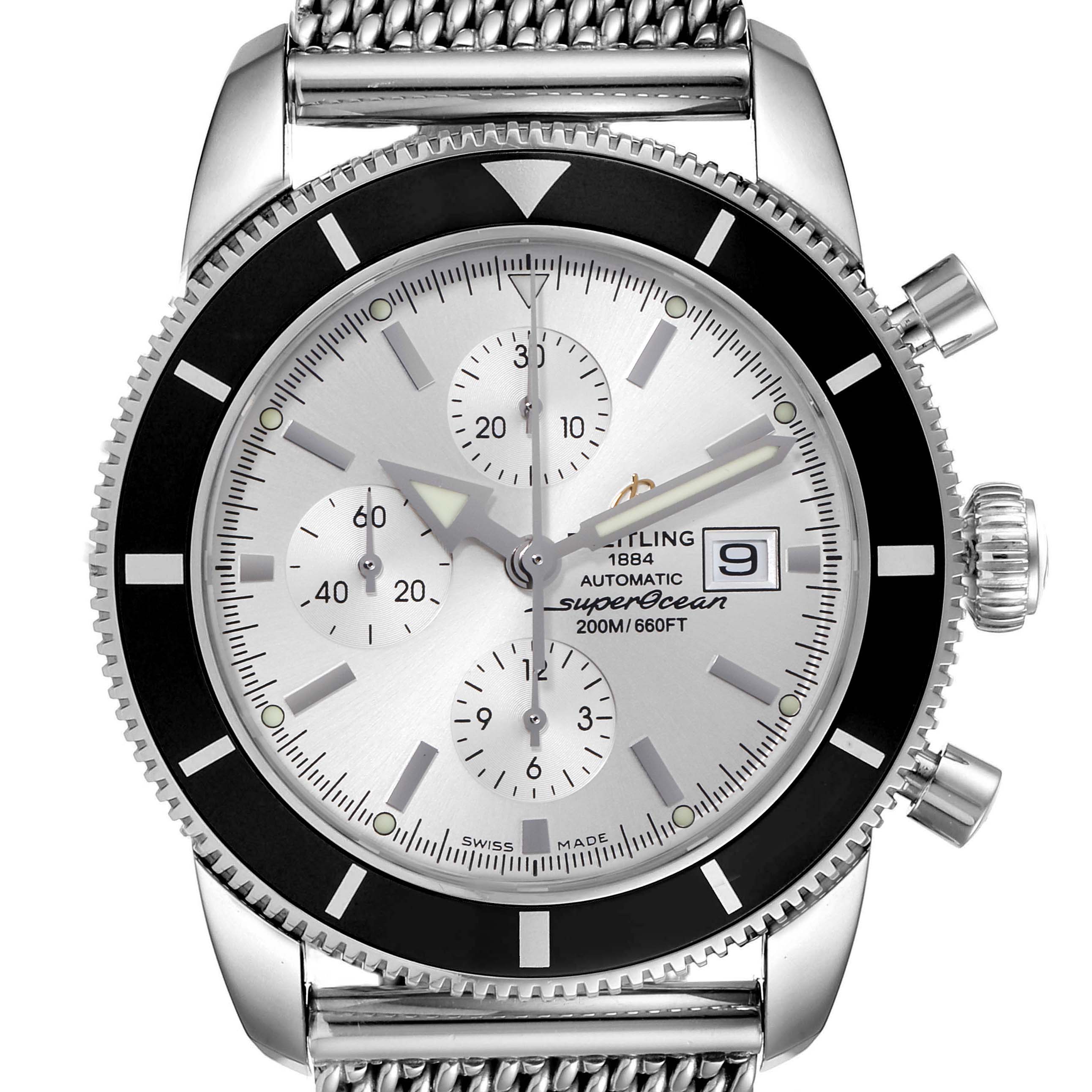 The image shows a front view of the Breitling Superocean A13320 Men's Stainless Steel Silver Dial A13320 Men's Stainless Steel Silver Dial watch, highlighting the dial, bezel, and part of the mesh bracelet.