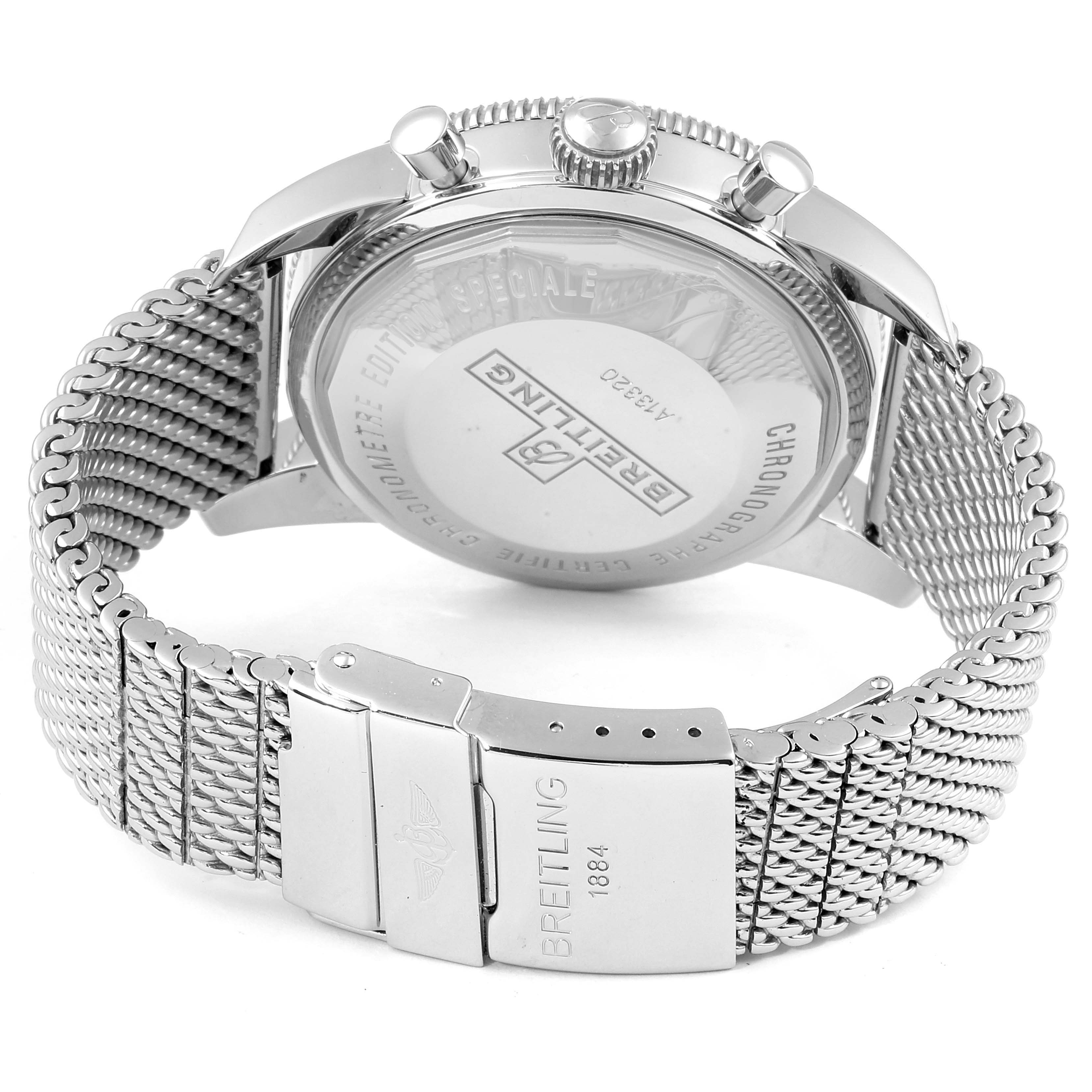 This image shows the back and side view of the Breitling Superocean A13320 Men's Stainless Steel Silver Dial A13320 Men's Stainless Steel Silver Dial watch, focusing on the case back, crown, pushers, and mesh bracelet.