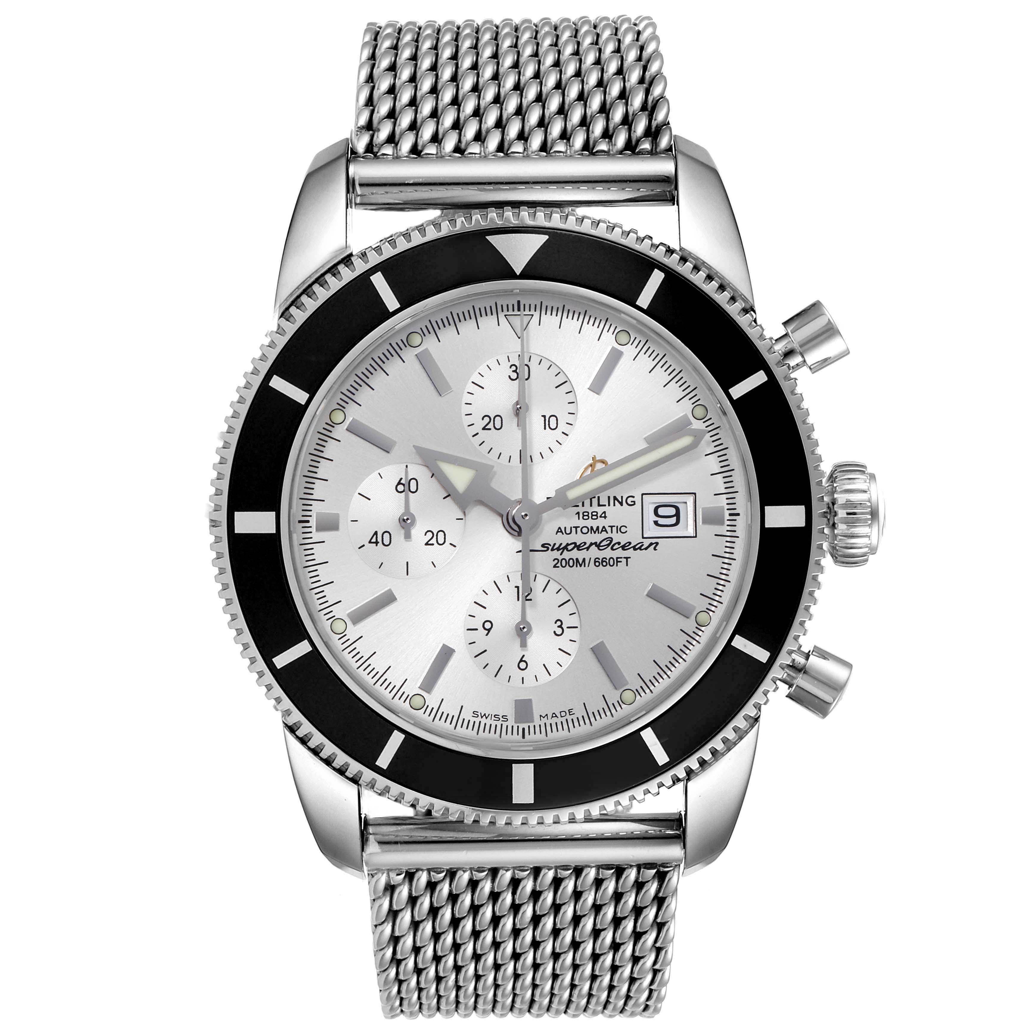 The image shows a Breitling Superocean A13320 Men's Stainless Steel Silver Dial A13320 Men's Stainless Steel Silver Dial watch from a front angle, featuring its face, bezel, and metal mesh strap.