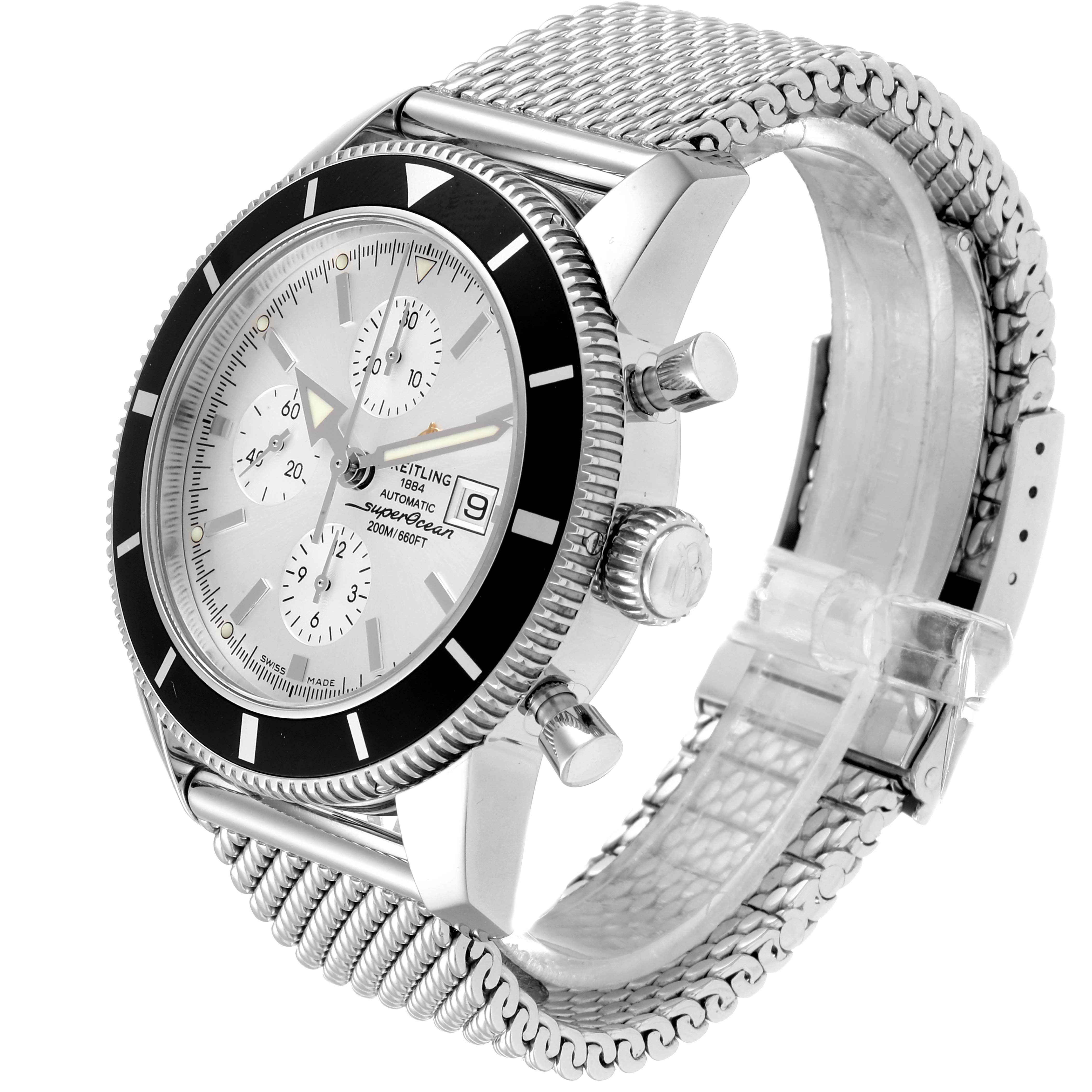 The Breitling Superocean A13320 Men's Stainless Steel Silver Dial A13320 Men's Stainless Steel Silver Dial watch is shown at a three-quarter angle, highlighting its stainless steel case, mesh bracelet, and bezel.