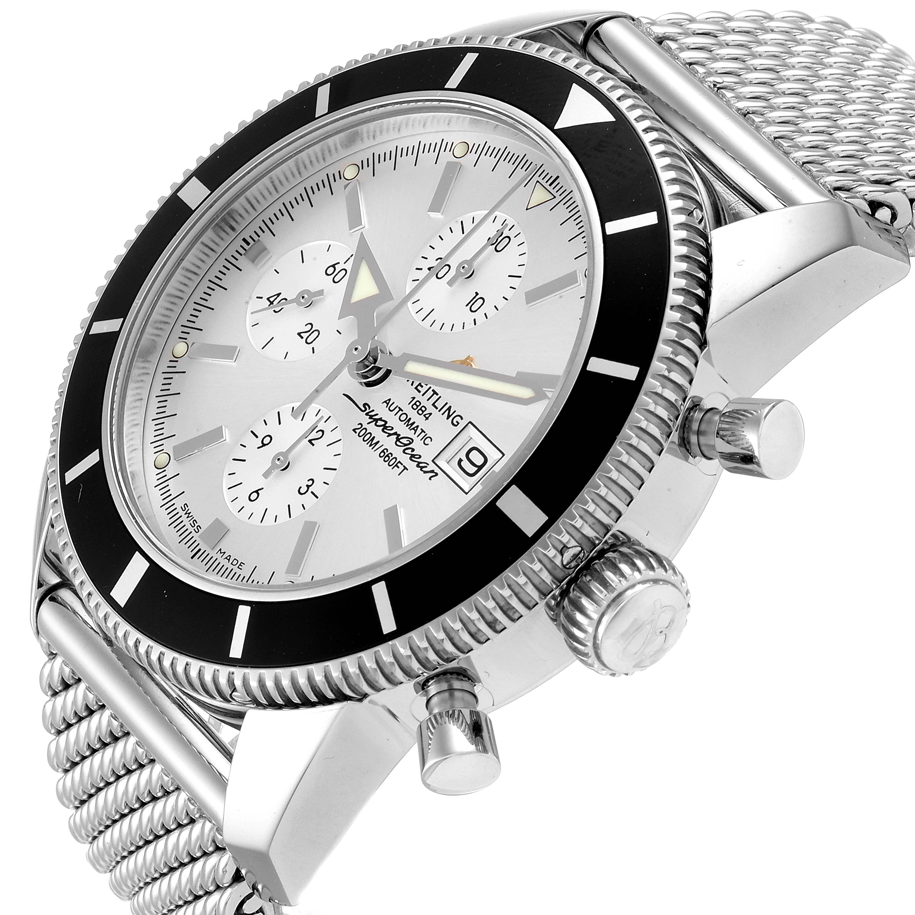 The image shows a Breitling Superocean A13320 Men's Stainless Steel Silver Dial A13320 Men's Stainless Steel Silver Dial model watch at an angled view highlighting the bezel, crown, chronograph dials, and mesh strap.