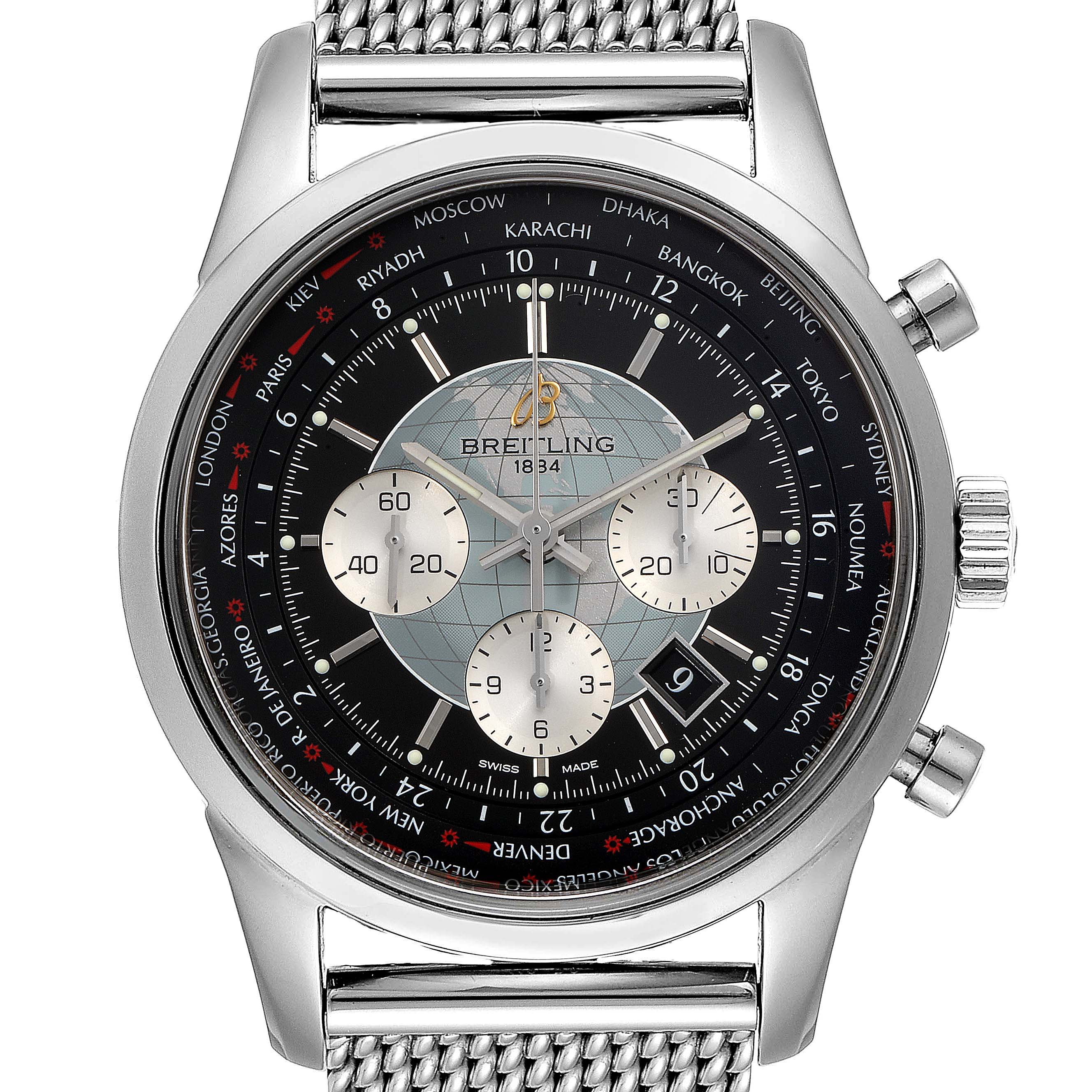 The image shows a front view of the Breitling Transocean AB0510 Men's Stainless Steel Black Dial AB0510 Men's Stainless Steel Black Dial watch face and a portion of its metal mesh strap.