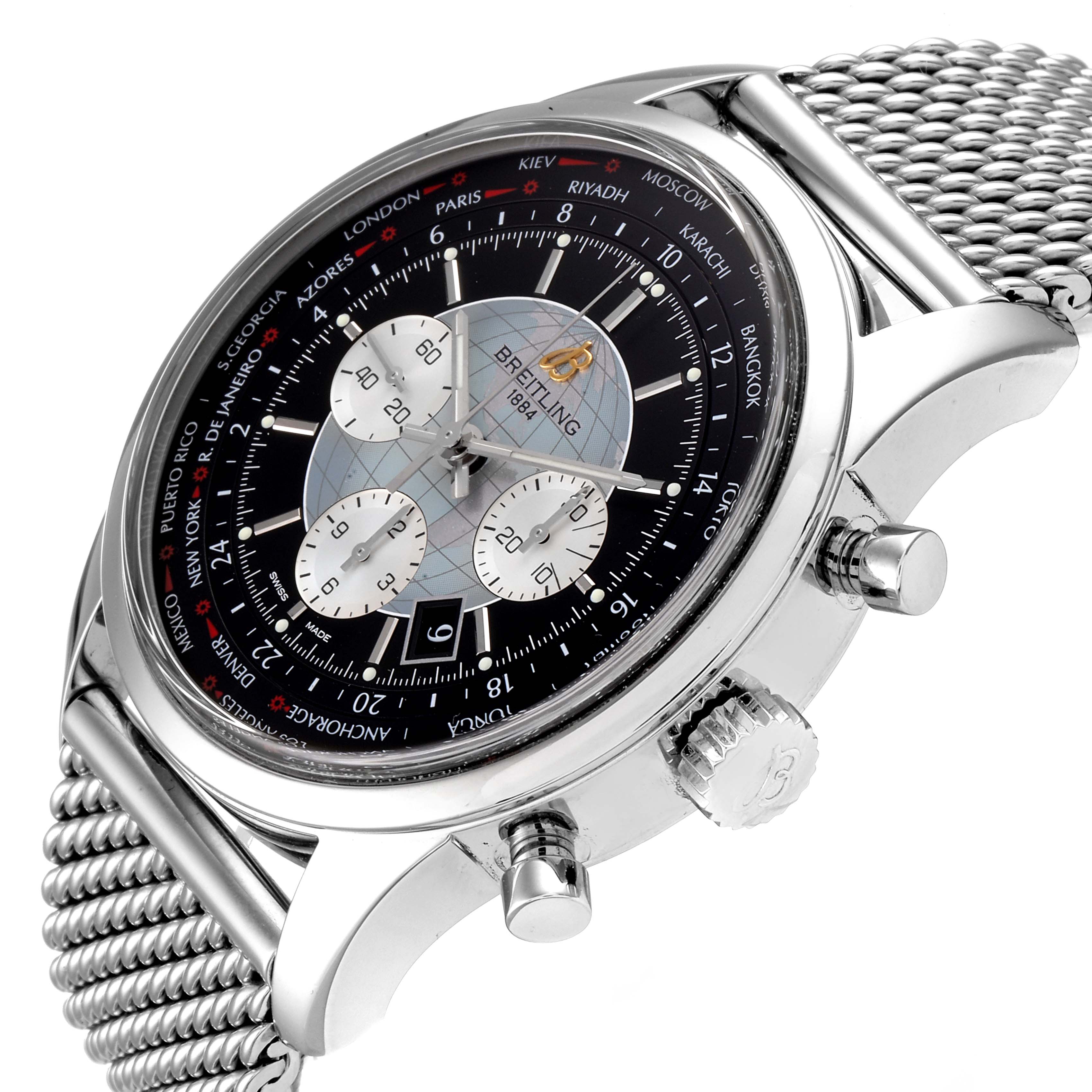 The Breitling Transocean AB0510 Men's Stainless Steel Black Dial AB0510 Men's Stainless Steel Black Dial watch is shown from an angle highlighting its face, chronograph dials, crown, and mesh strap.