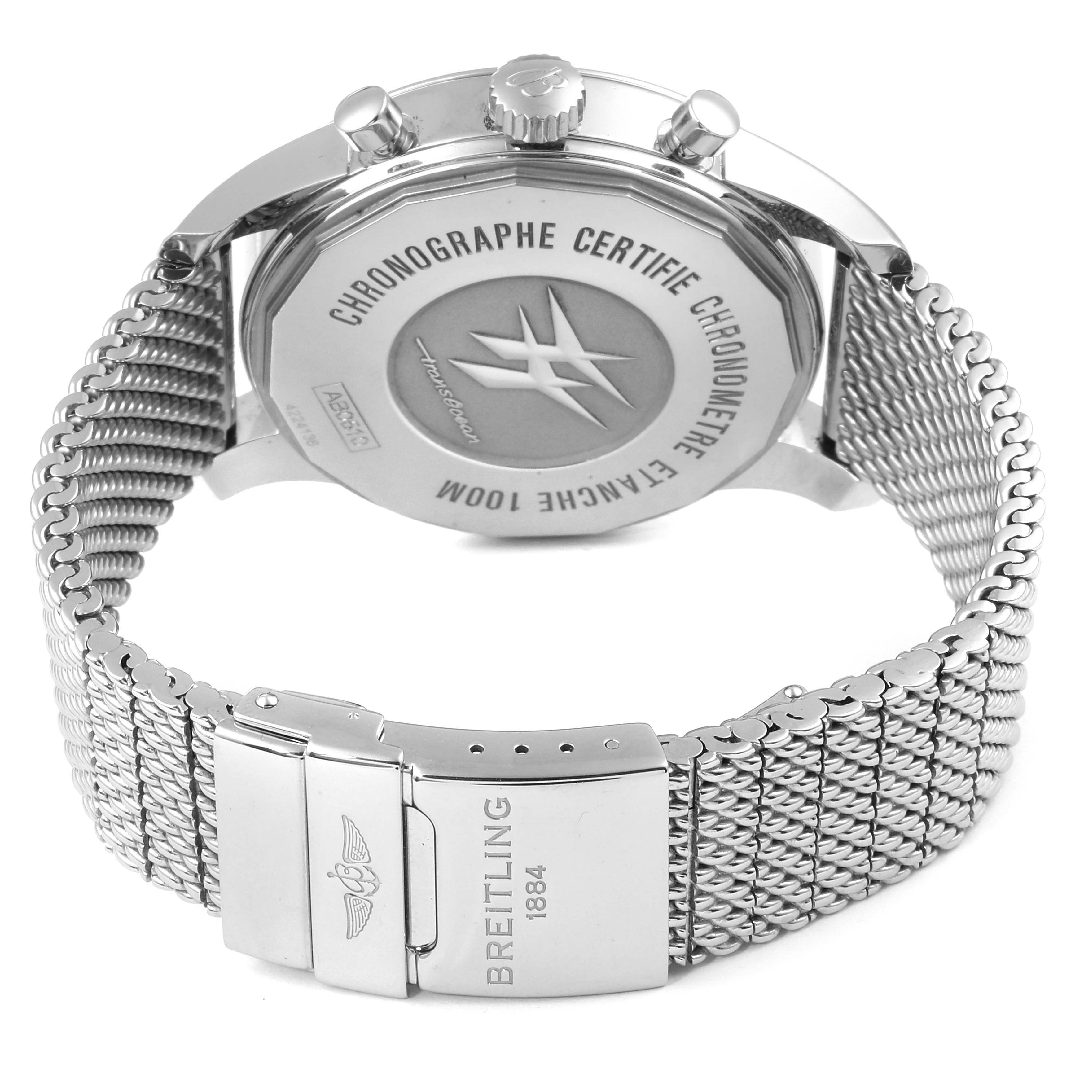 The image shows the back view of the Breitling Transocean AB0510 Men's Stainless Steel Black Dial AB0510 Men's Stainless Steel Black Dial watch, highlighting its case back, crown, pushers, and metal bracelet clasp.