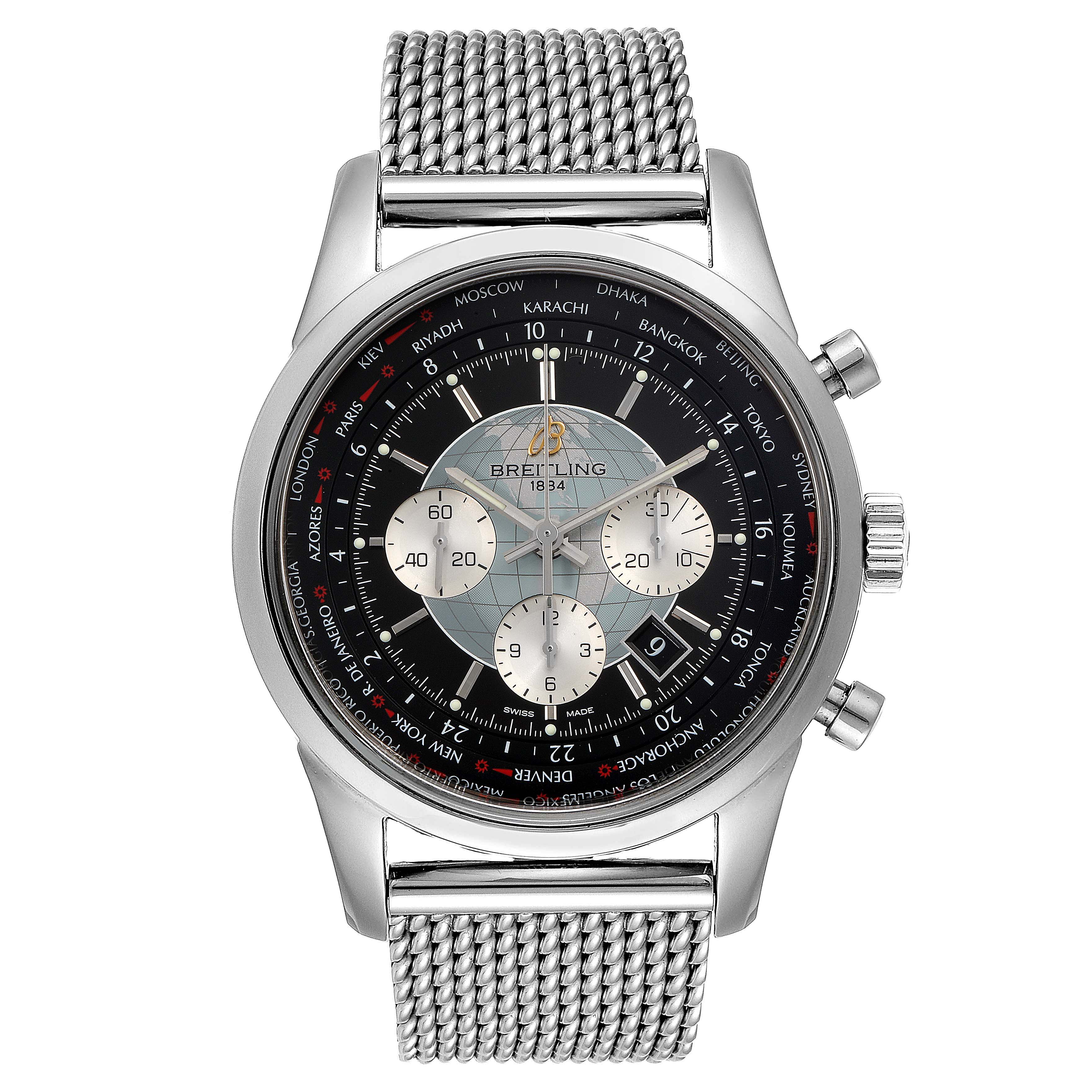 The image shows a front view of a Breitling Transocean AB0510 Men's Stainless Steel Black Dial AB0510 Men's Stainless Steel Black Dial watch, highlighting the dial, mesh bracelet, and chronograph pushers.